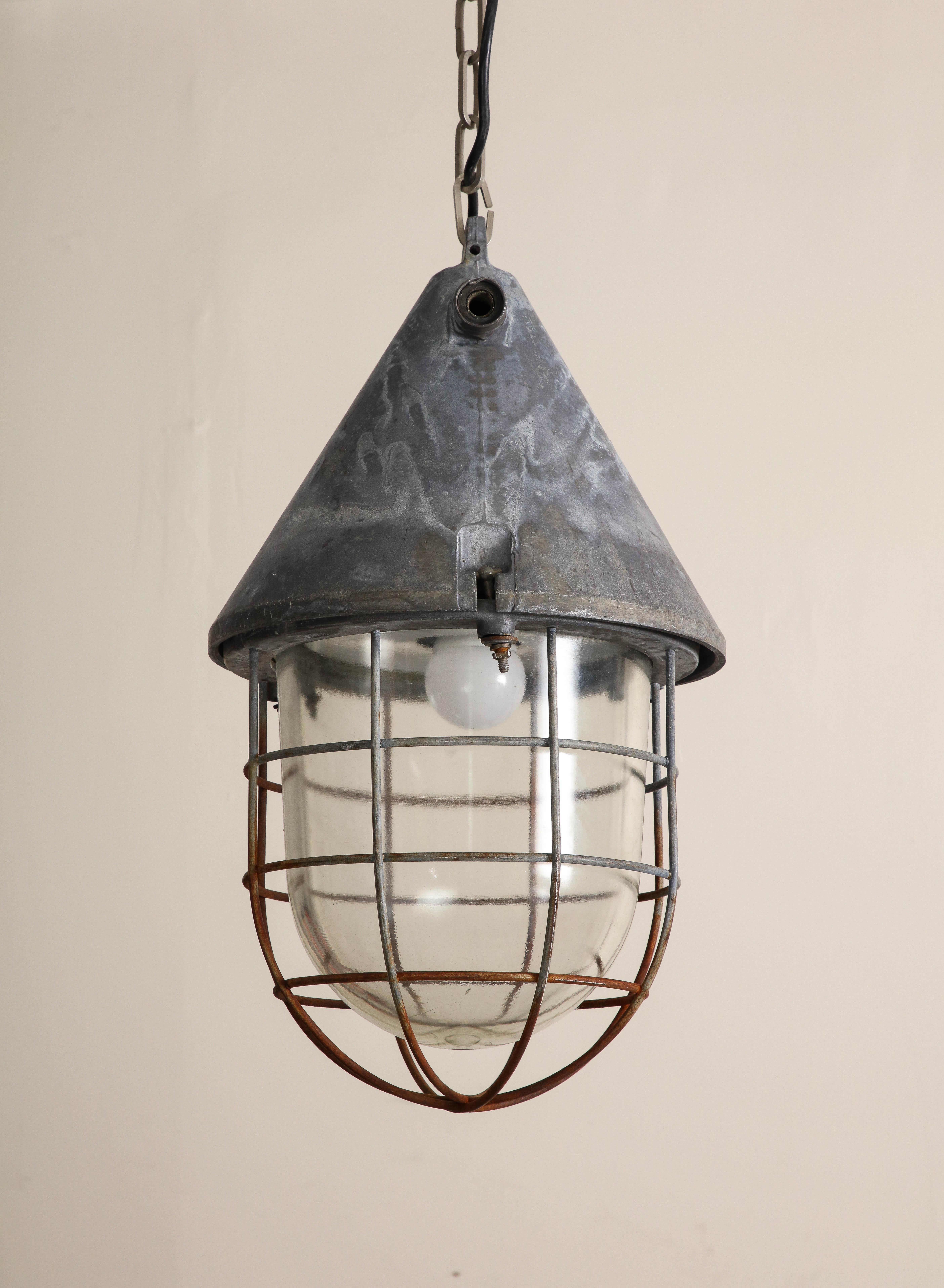 Pair of Vintage Industrial Cast Iron Cage Pendant Lights, C. 1920 In Good Condition For Sale In Chicago, IL