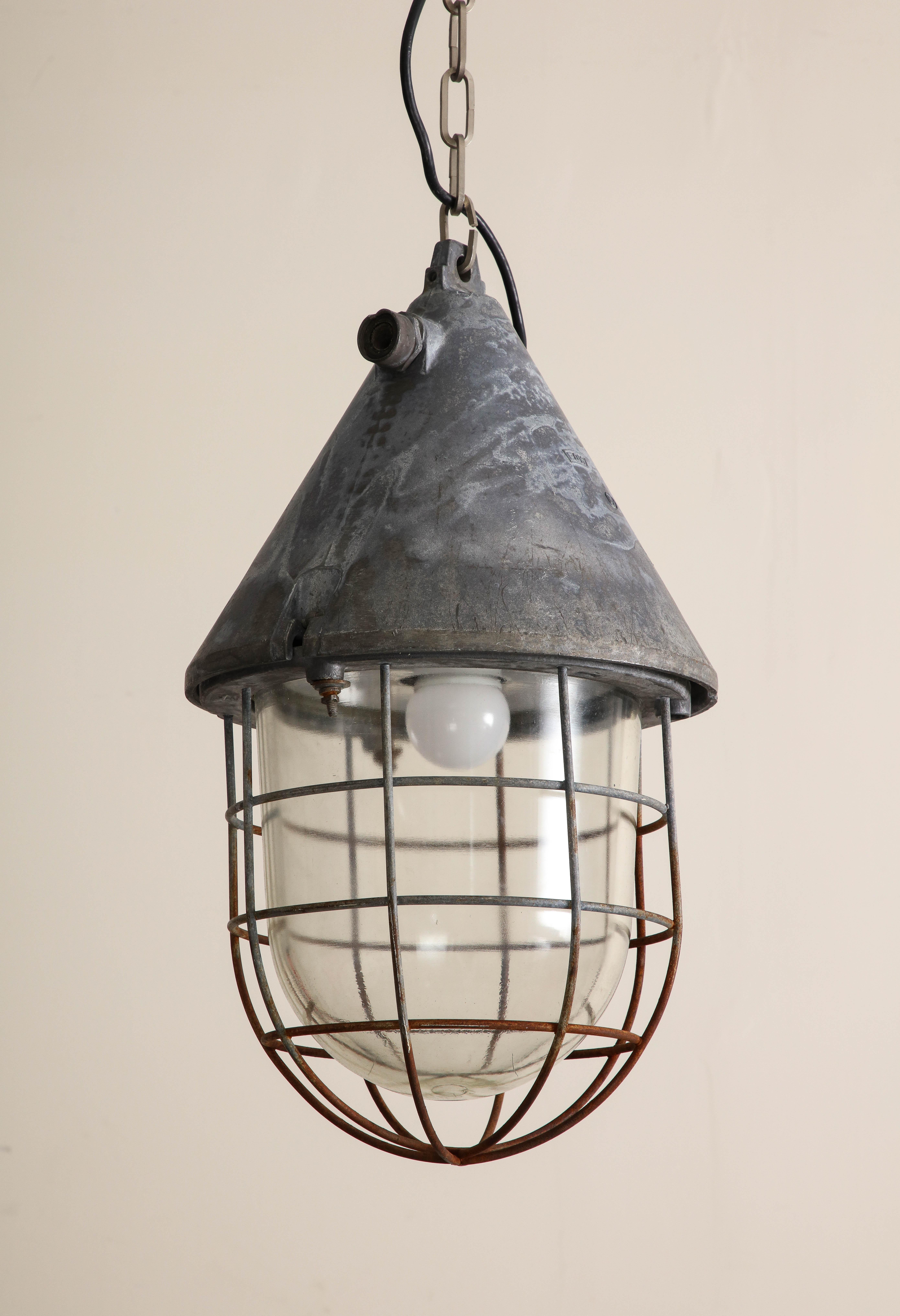 Early 20th Century Pair of Vintage Industrial Cast Iron Cage Pendant Lights, C. 1920 For Sale