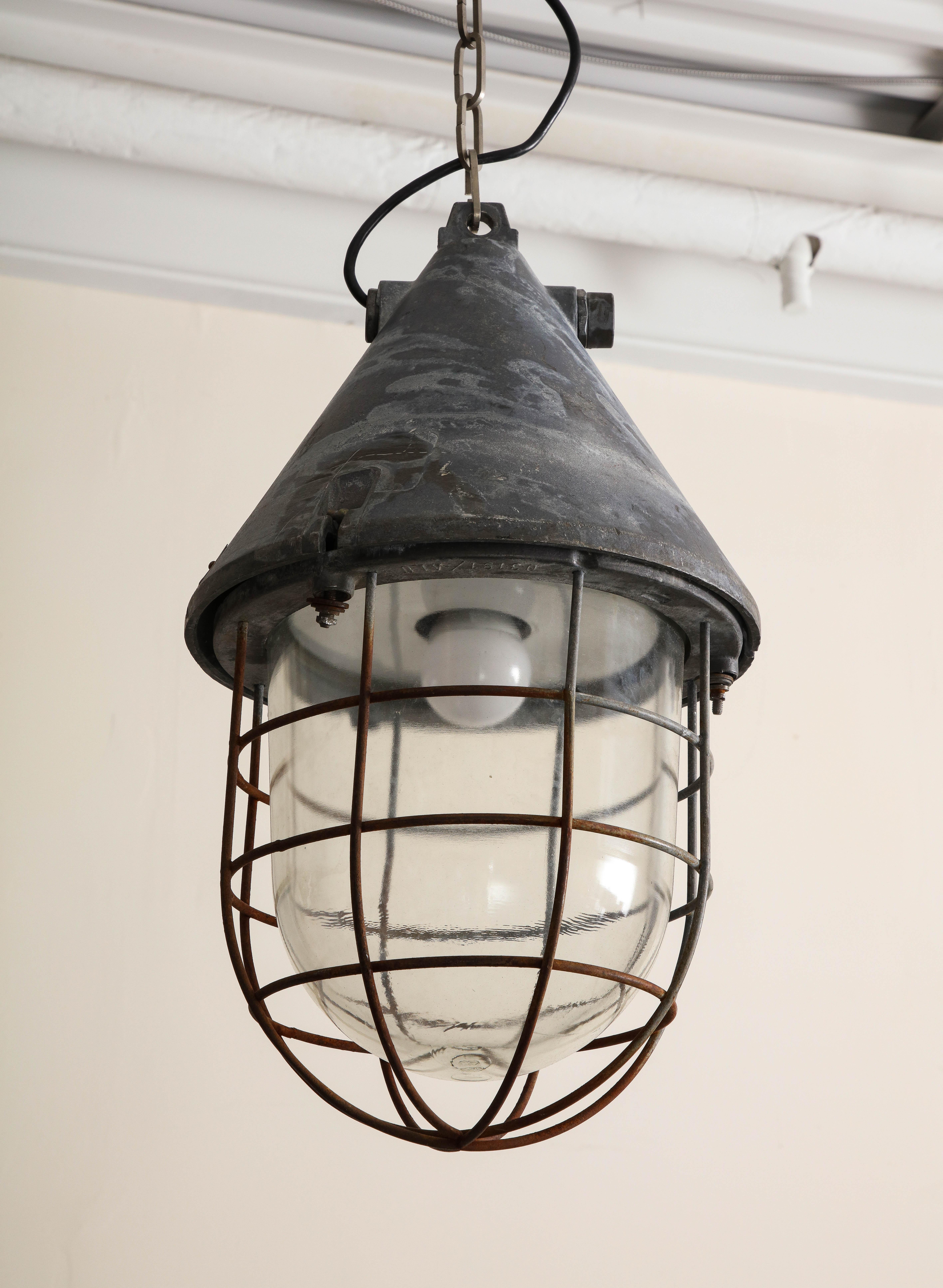 Metal Pair of Vintage Industrial Cast Iron Cage Pendant Lights, C. 1920 For Sale