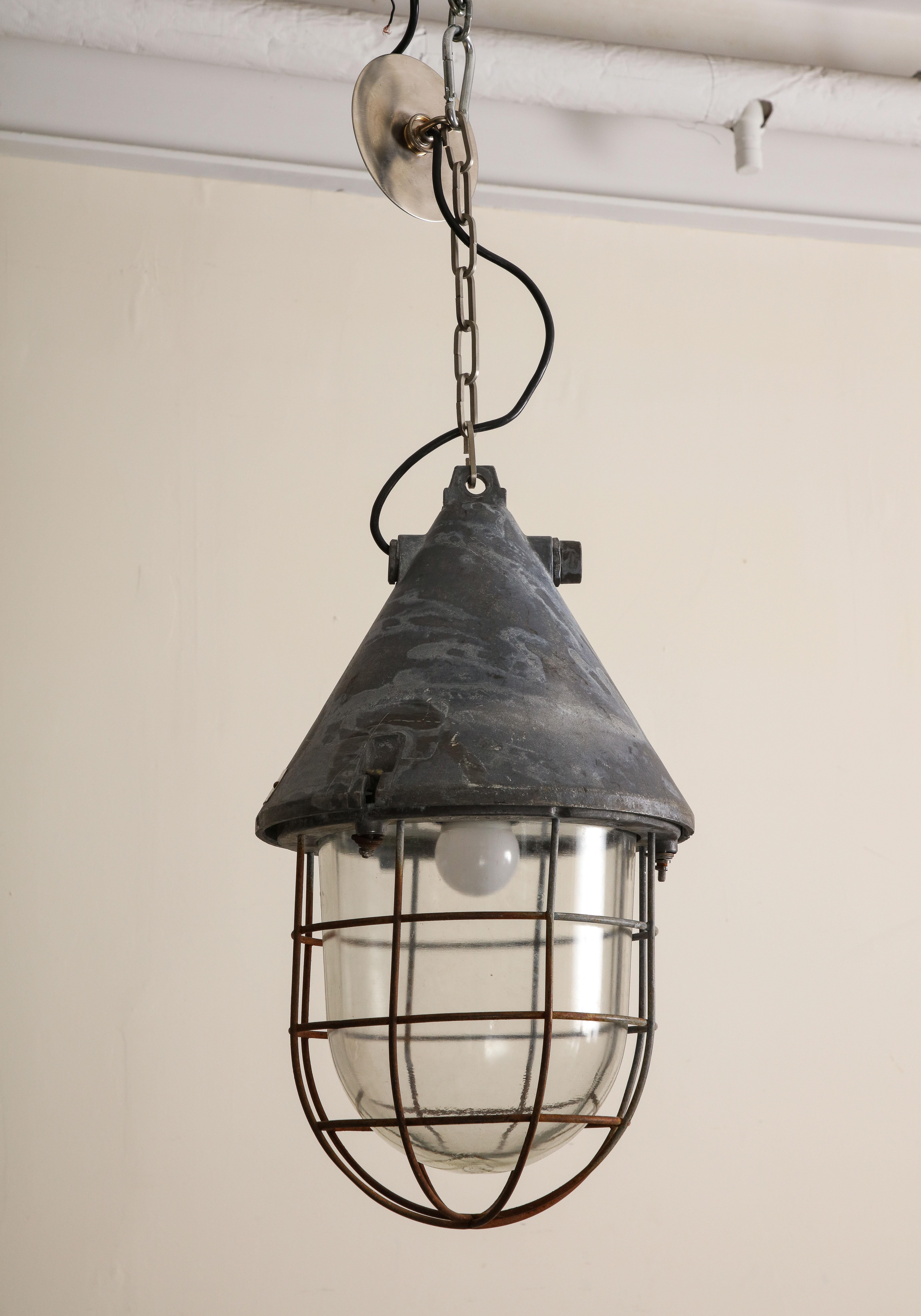 Pair of Vintage Industrial Cast Iron Cage Pendant Lights, C. 1920 For Sale 1