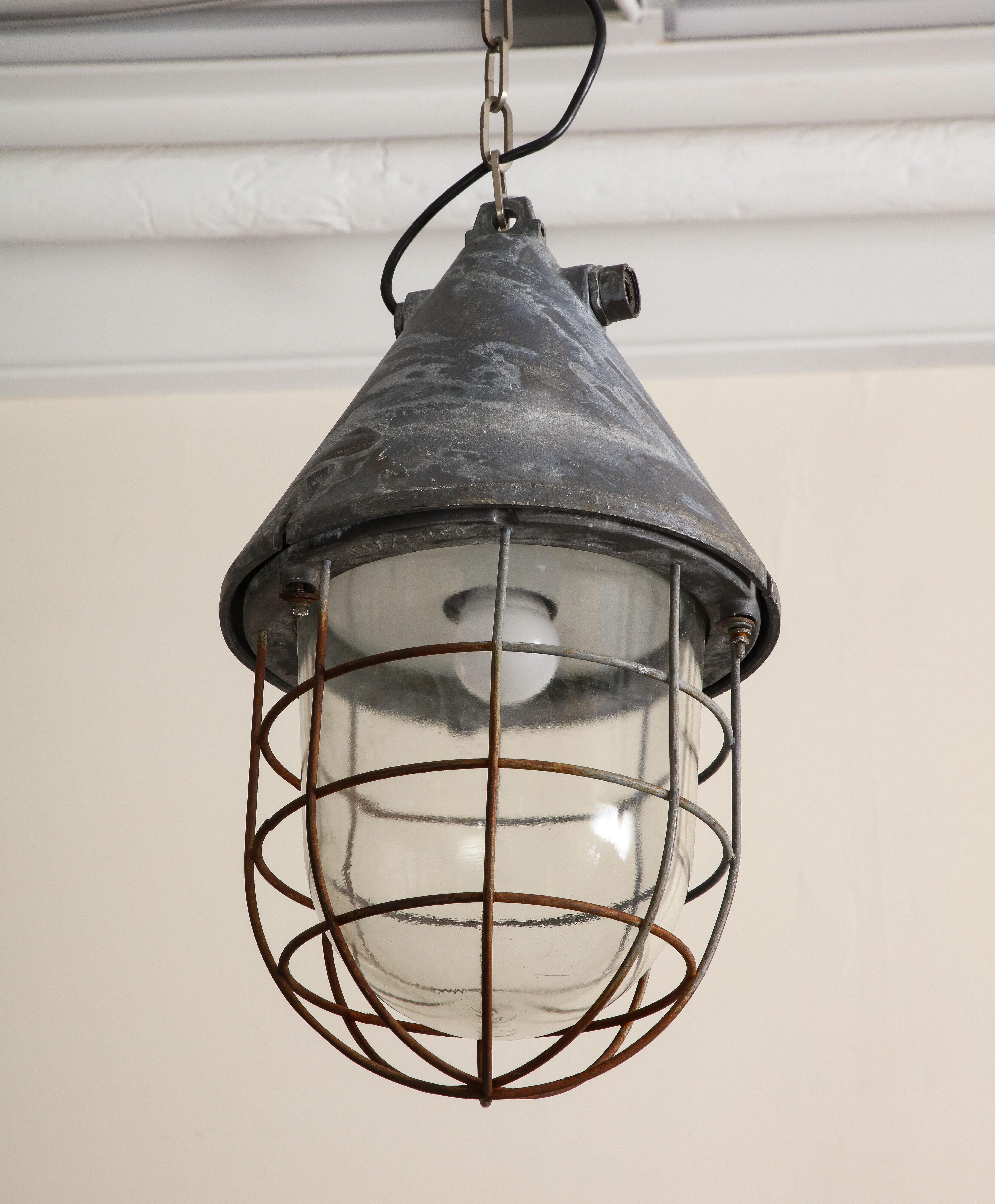 Pair of Vintage Industrial Cast Iron Cage Pendant Lights, C. 1920 For Sale 2