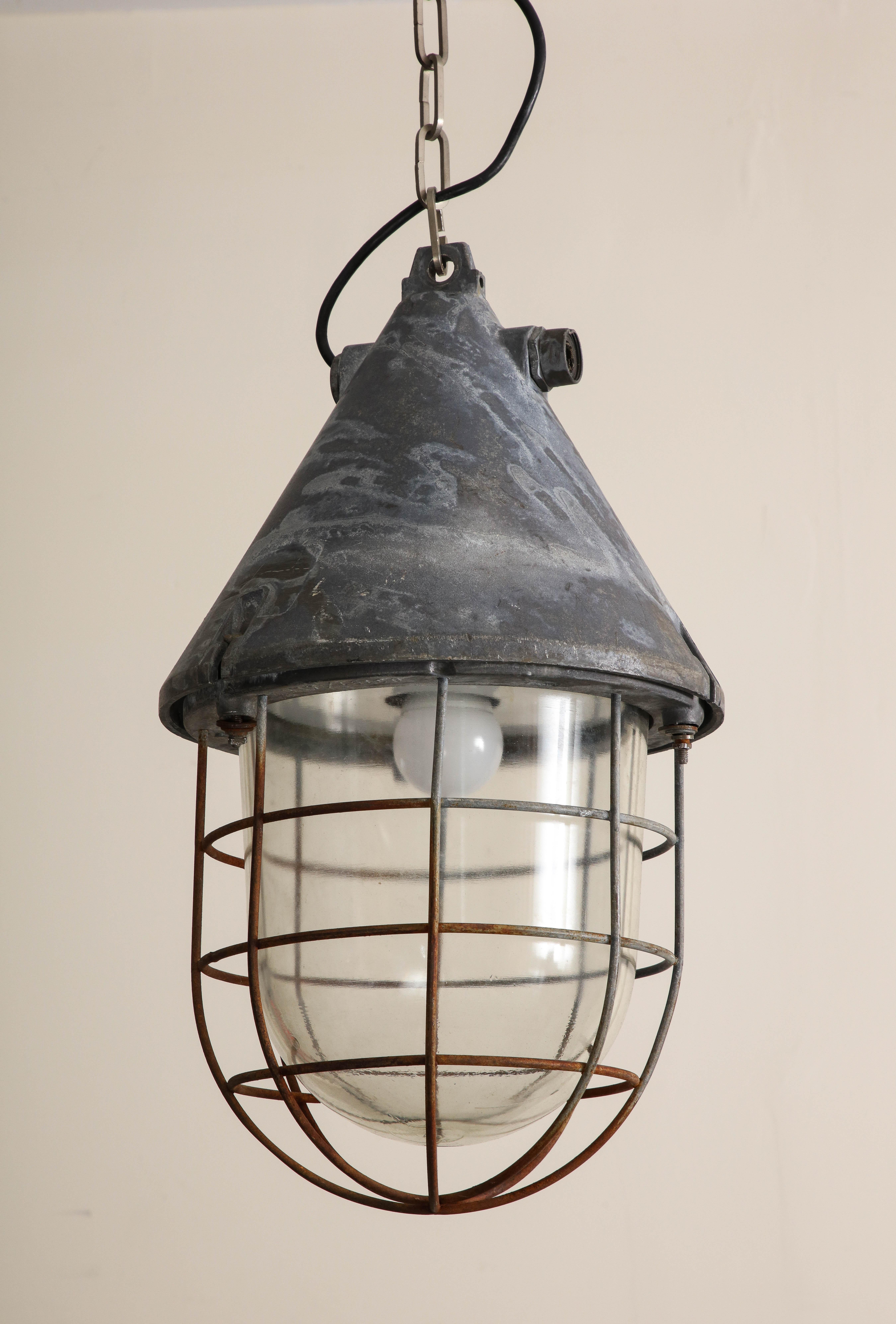 Pair of Vintage Industrial Cast Iron Cage Pendant Lights, C. 1920 For Sale 3