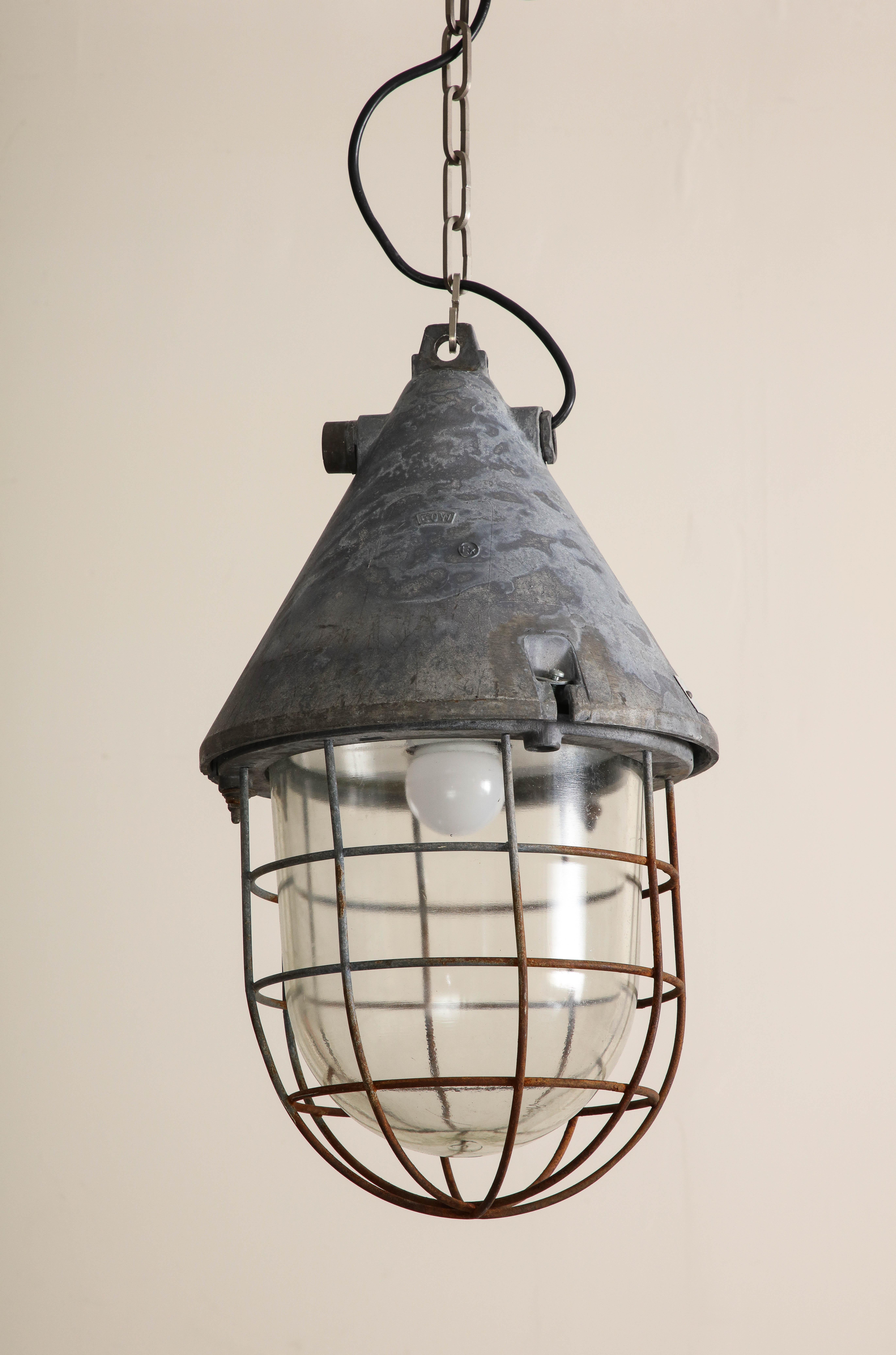 Pair of Vintage Industrial Cast Iron Cage Pendant Lights, C. 1920 For Sale 4