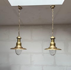 Pair of Vintage Industrial Copper Pendant Lights circa 1960s w Blown Glass Domes