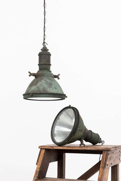 Pair of Vintage Industrial GEC / GECoRAY Copper Verdigris Pendant Light, C.1930