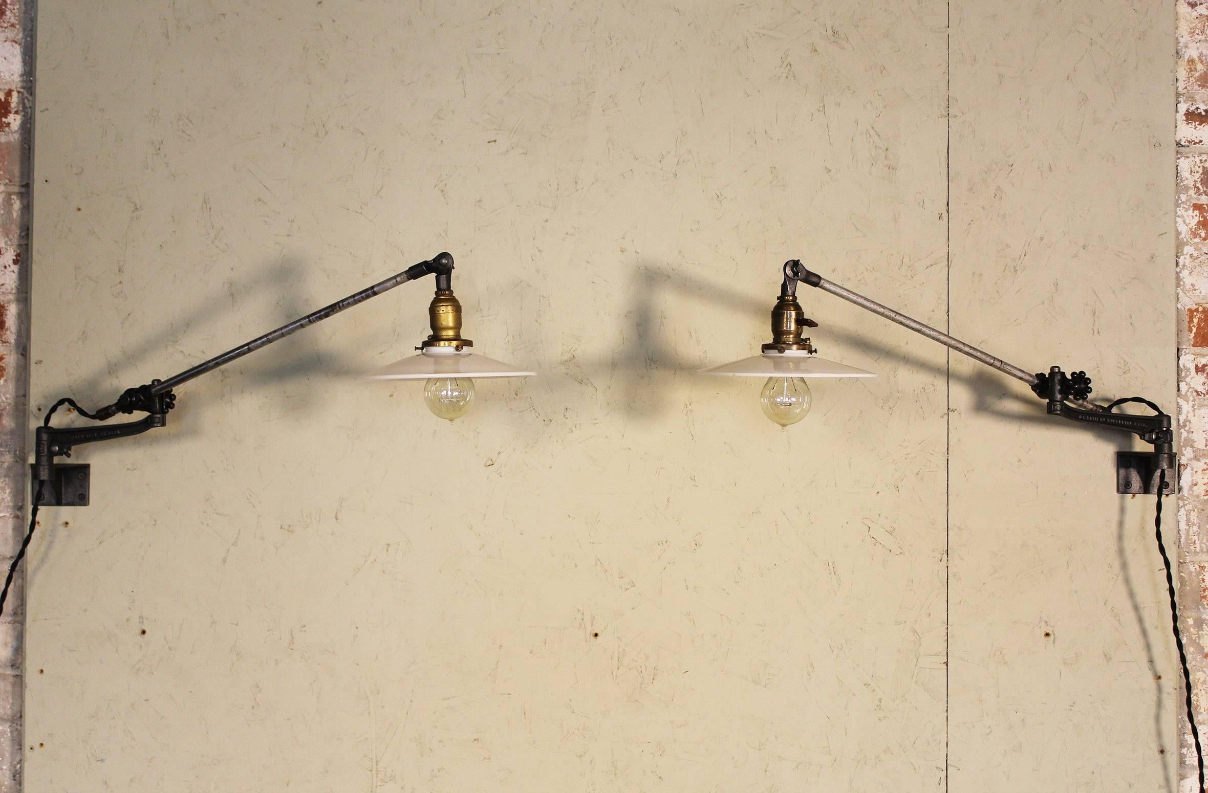 American Pair of Vintage Industrial Milk Glass O.C. White Wall Task Lamps, Lights Edison