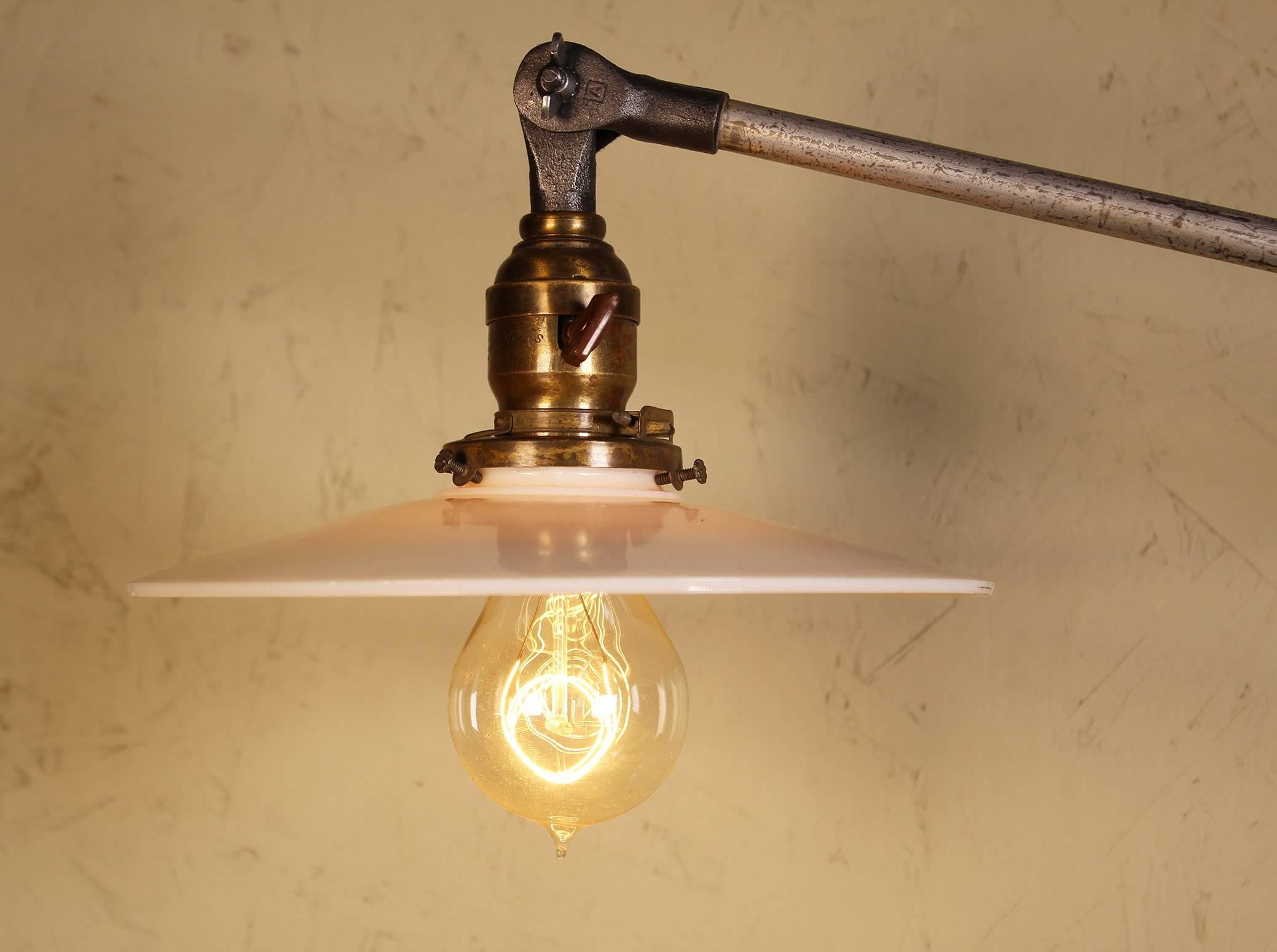 20th Century Pair of Vintage Industrial Milk Glass O.C. White Wall Task Lamps, Lights Edison