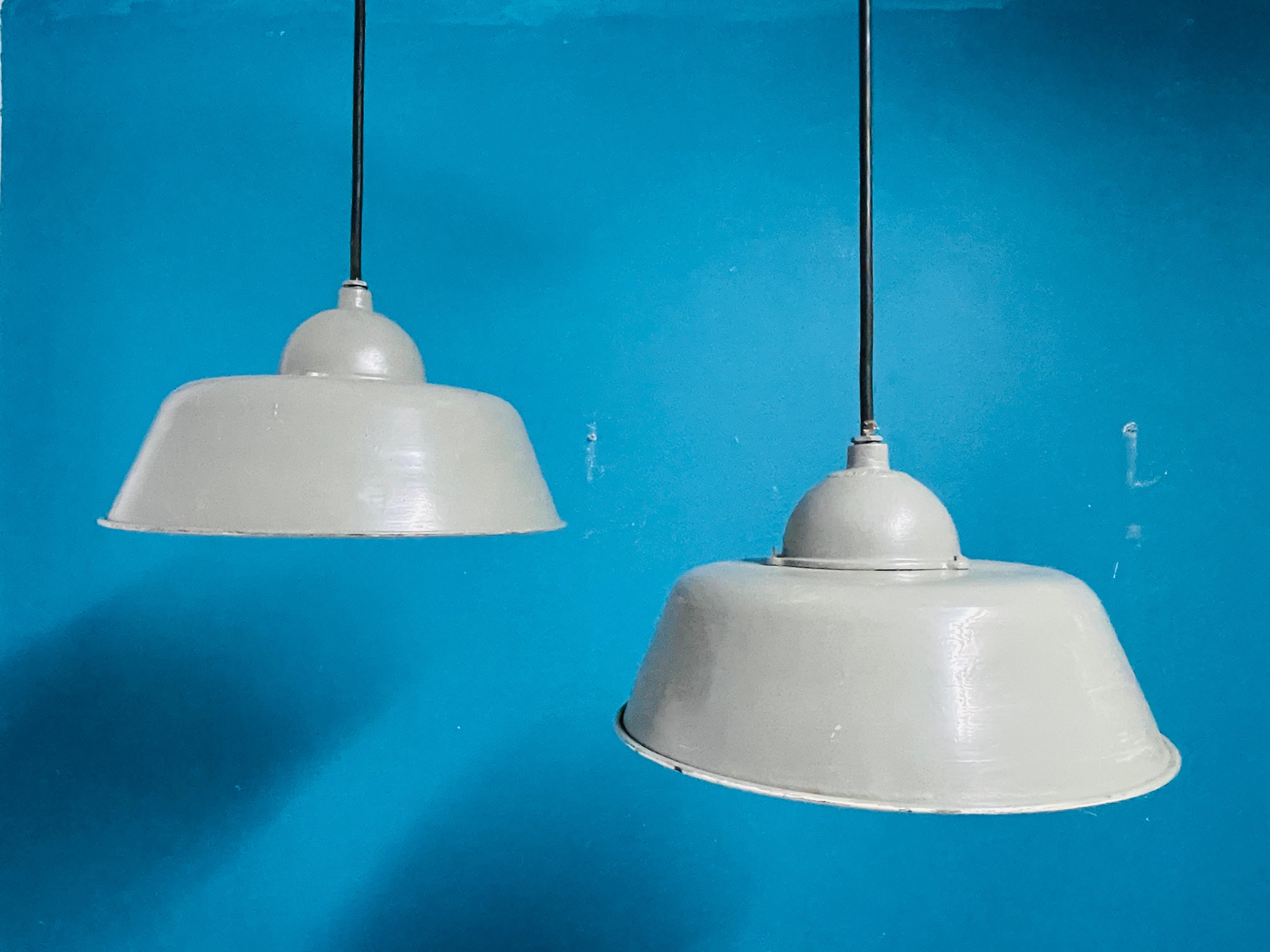 Finnish Pair of Vintage Industrial Pendant Lamps, Manufactured by Orno Finland For Sale