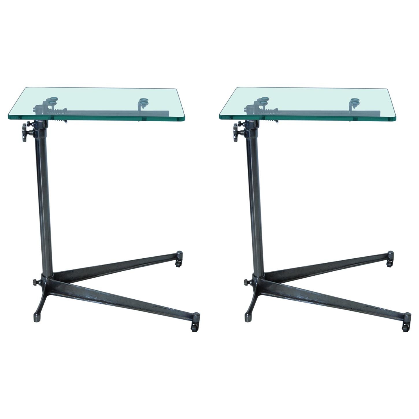 Pair of Vintage Industrial Polished Metal Adjustable Side Tables, English, 1940s