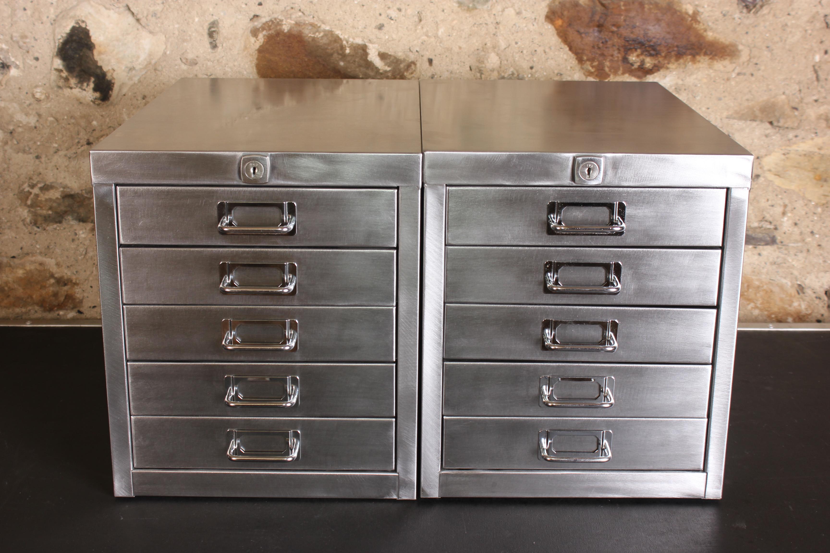 Machine-Made Pair of Vintage Industrial Stripped Metal 5-Drawer Filing Cabinets