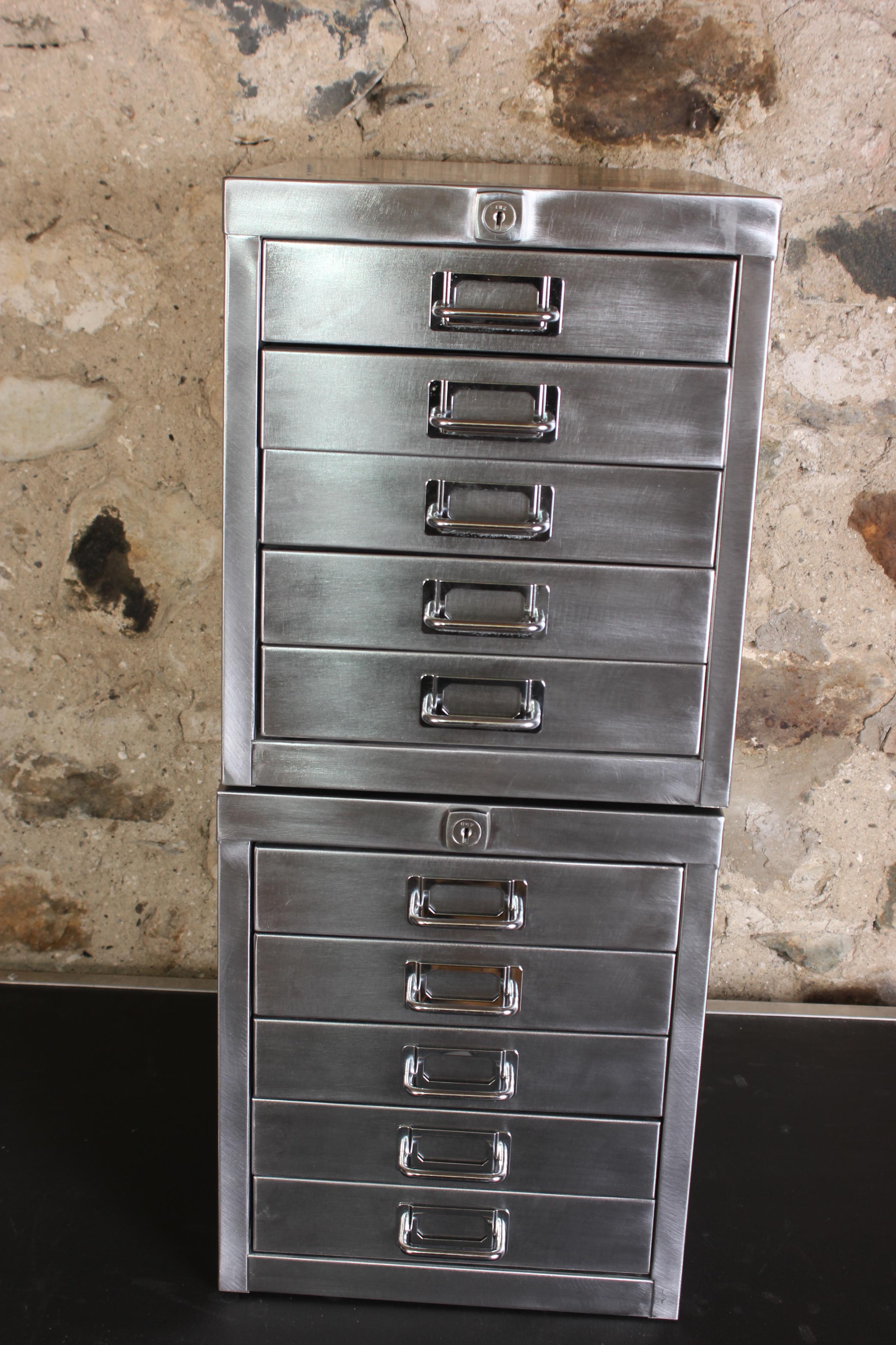 Late 20th Century Pair of Vintage Industrial Stripped Metal 5-Drawer Filing Cabinets