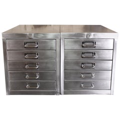 Pair of Vintage Industrial Stripped Metal 5-Drawer Filing Cabinets