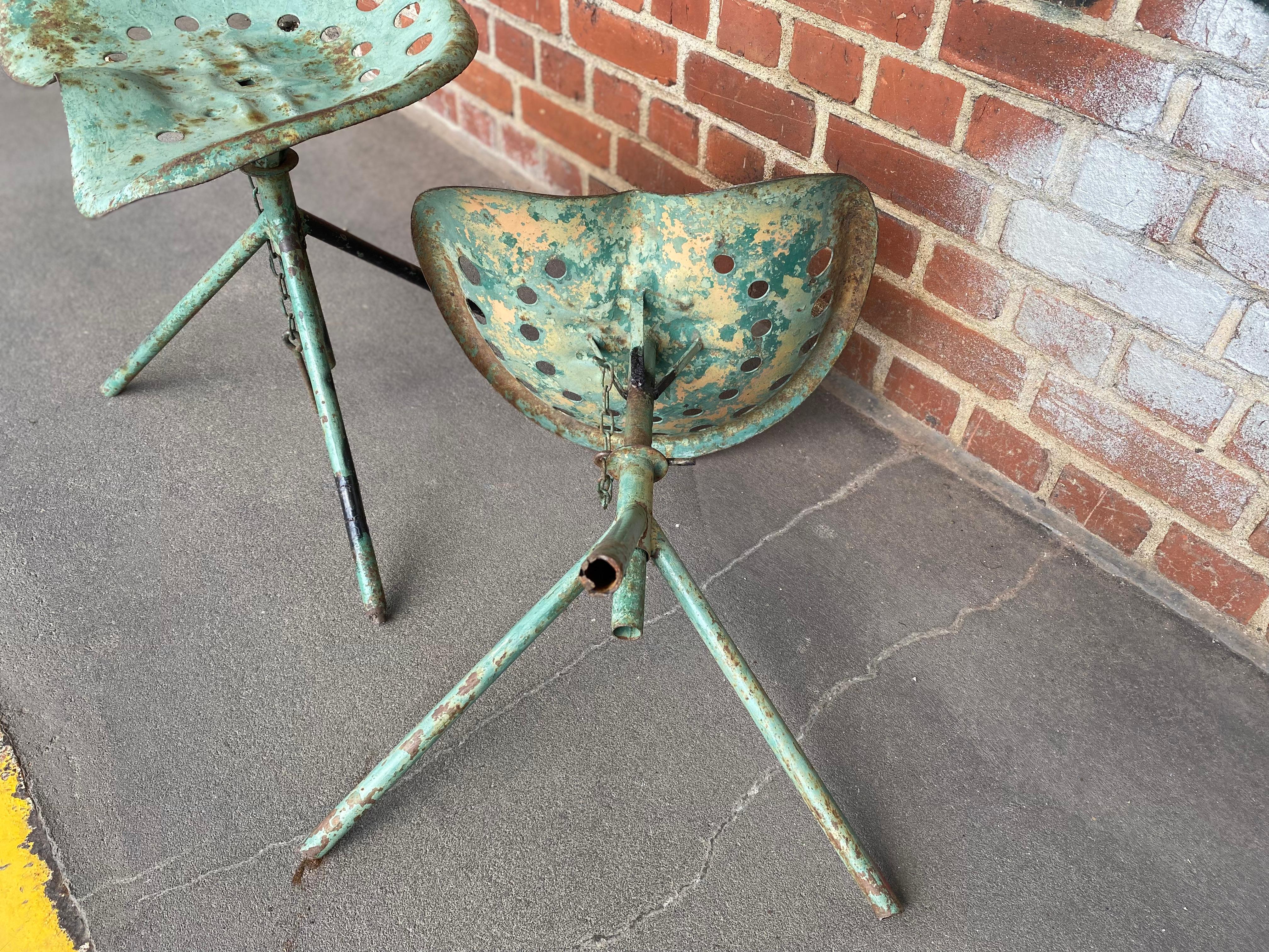 Pair of Vintage Industrial Tractor Seat Stools, Adjustable Height, Green 8