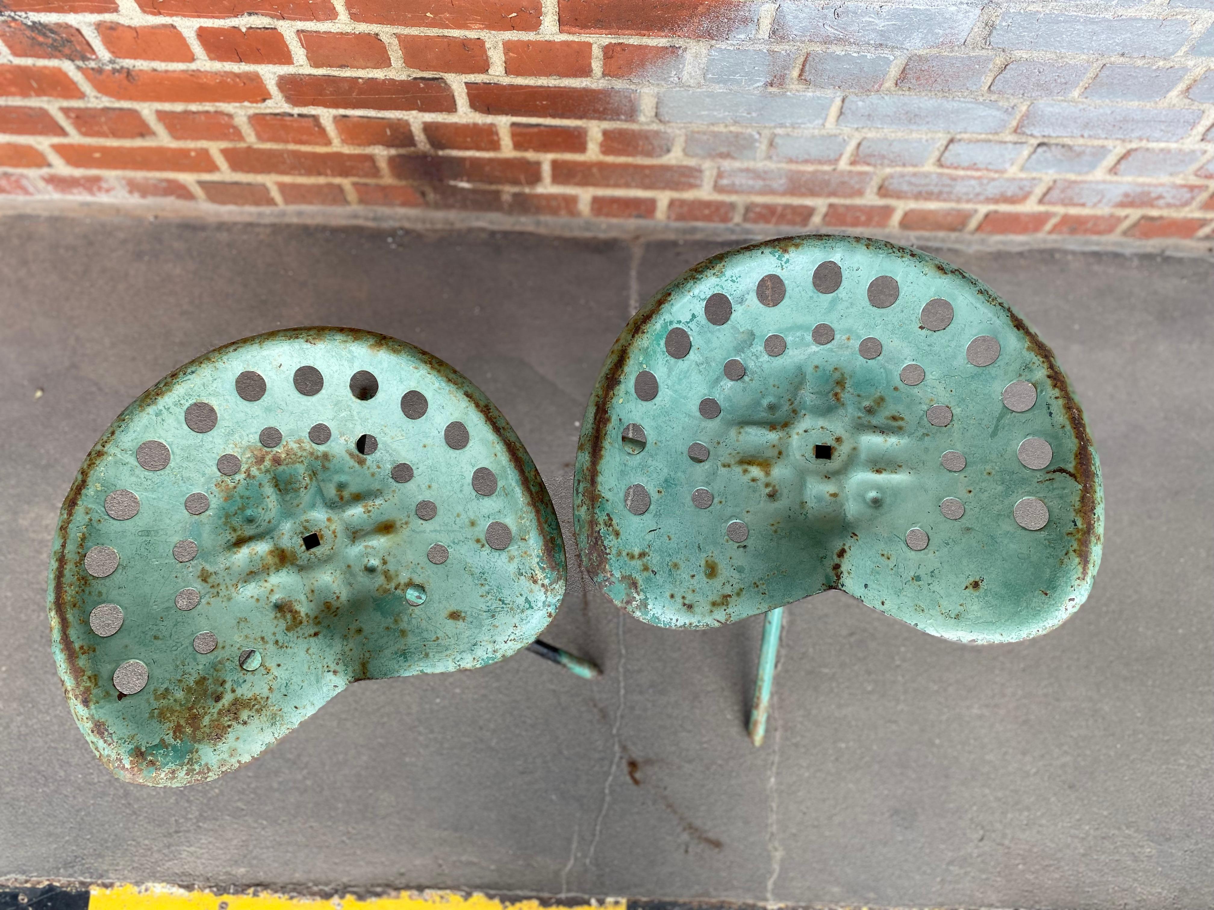 Pair of Vintage Industrial Tractor Seat Stools, Adjustable Height, Green 11