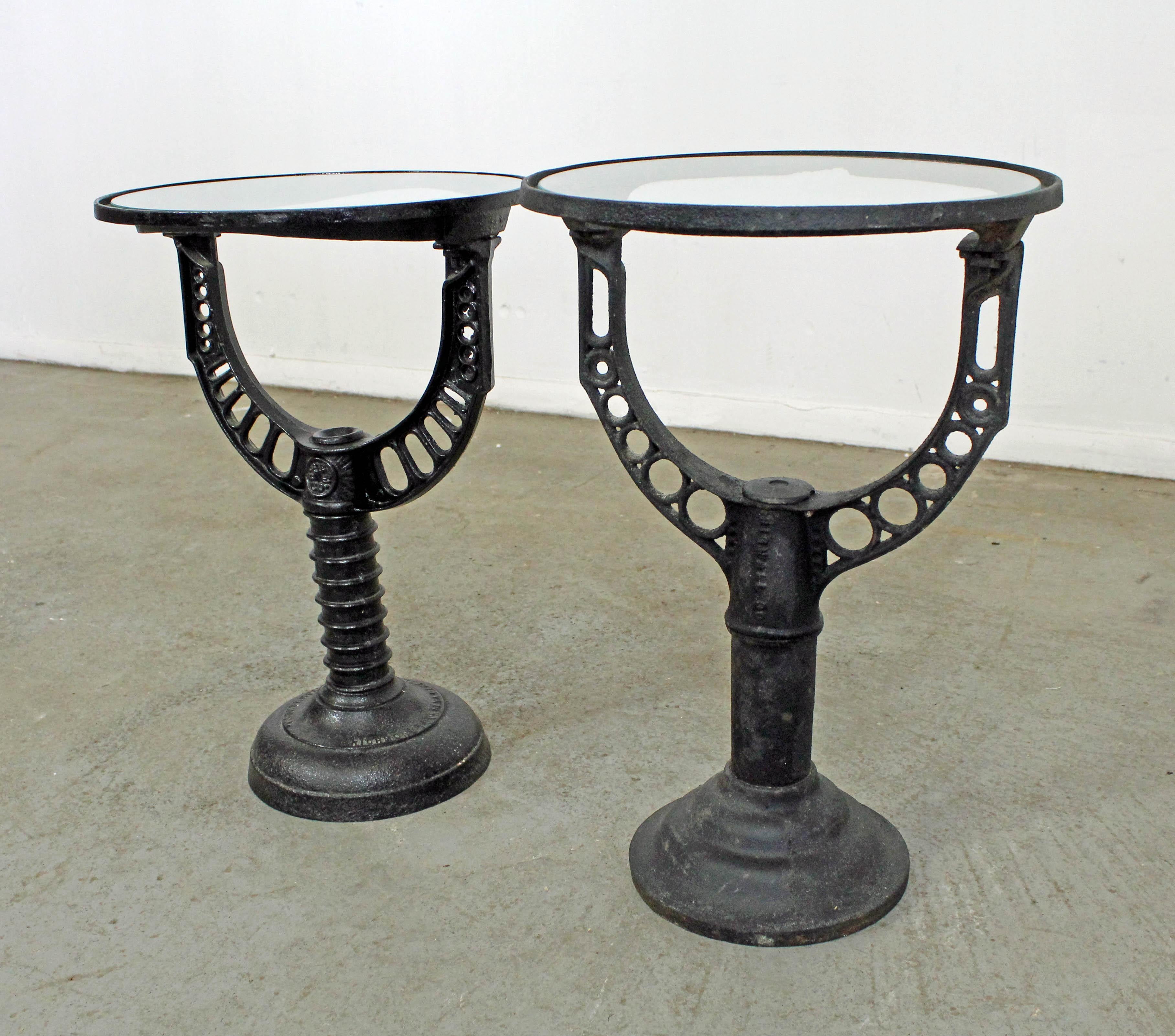 American Pair of Vintage Industrial Wrought Iron Glass Top End/Side Tables