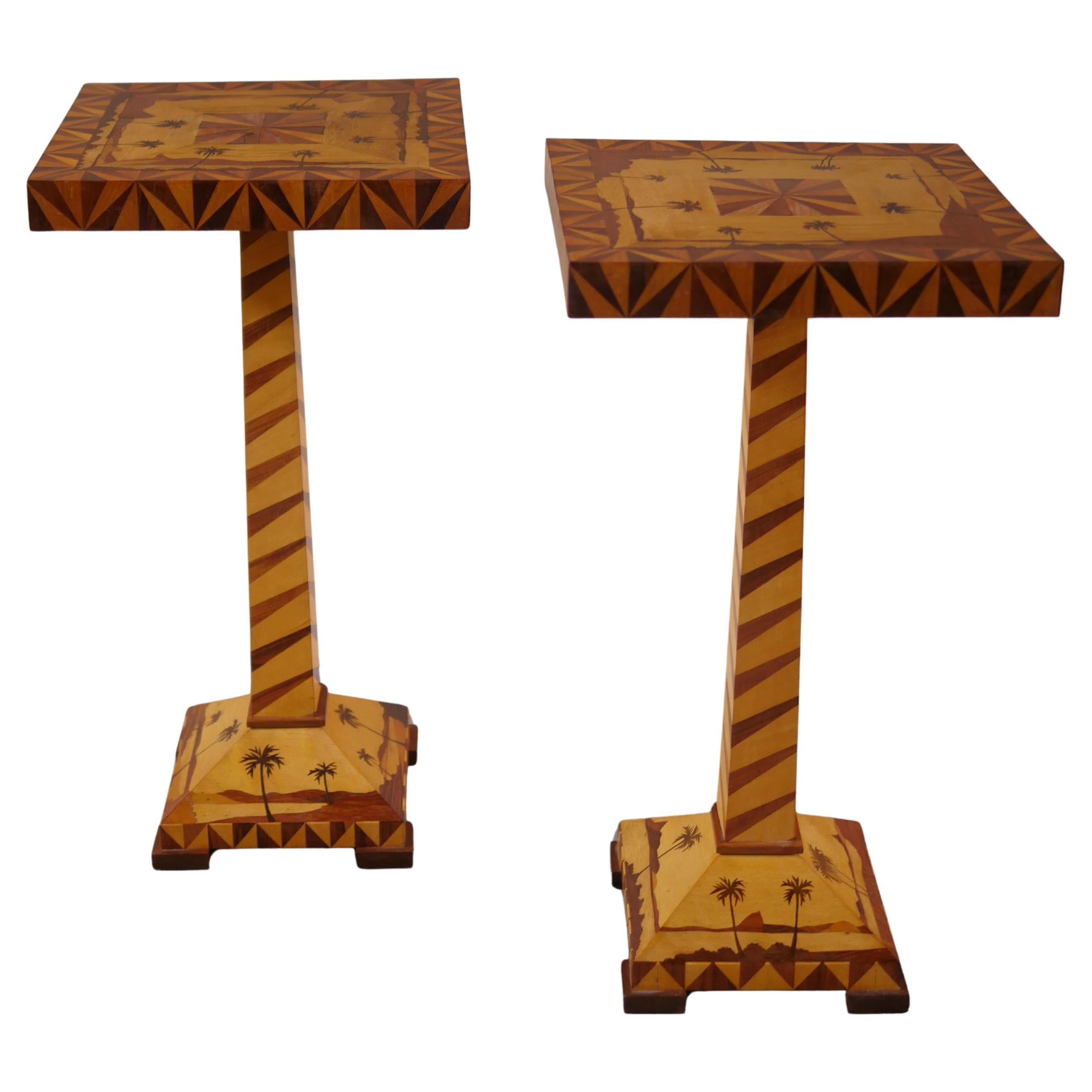 Paire de tables d'appoint vintage en marqueterie de palmiers