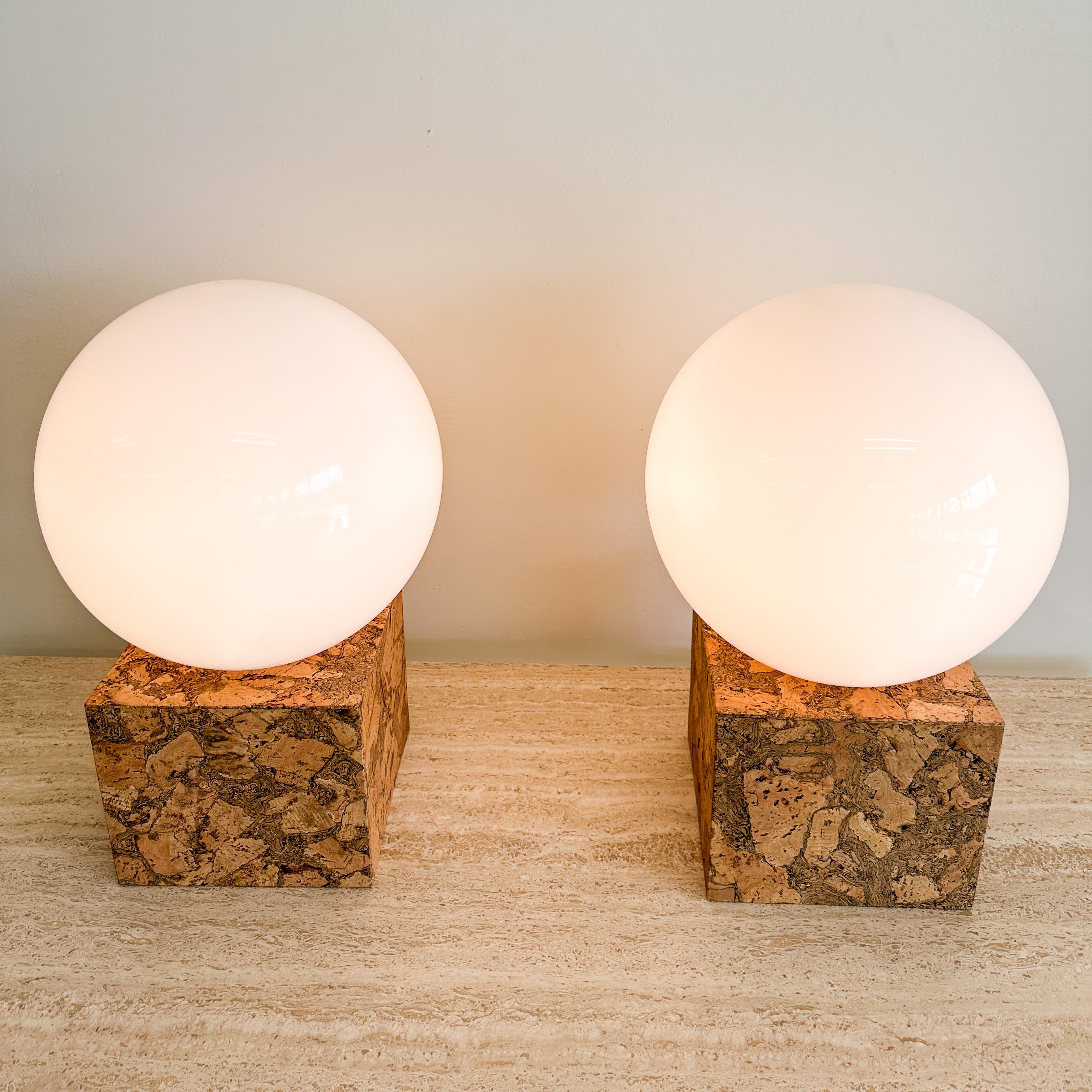 Pair Of Vintage Inspired Cork And Acrylic Globe Lamps For Sale 1