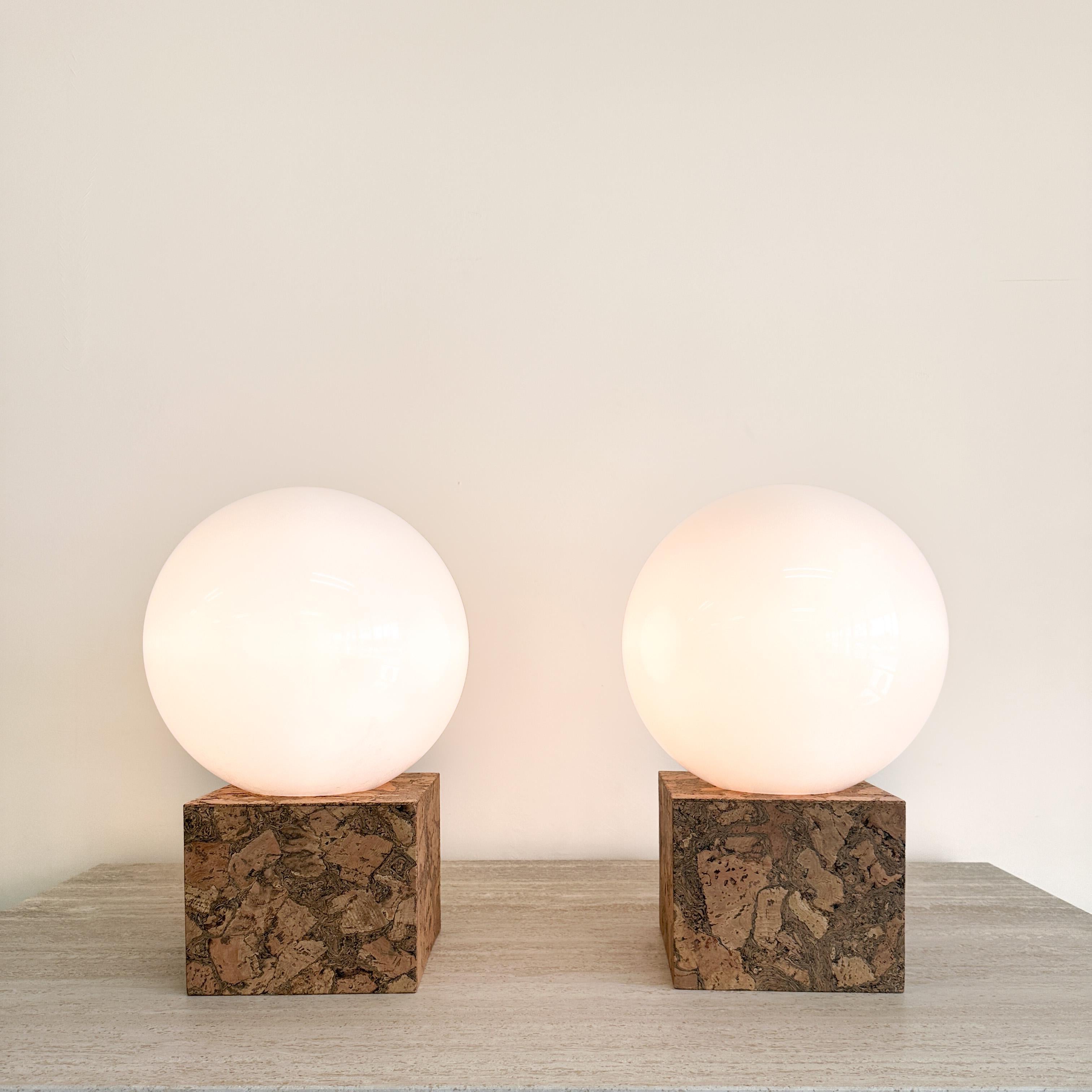 Mid-Century Modern Pair Of Vintage Inspired Cork And Acrylic Globe Lamps MCM Retro 70s 