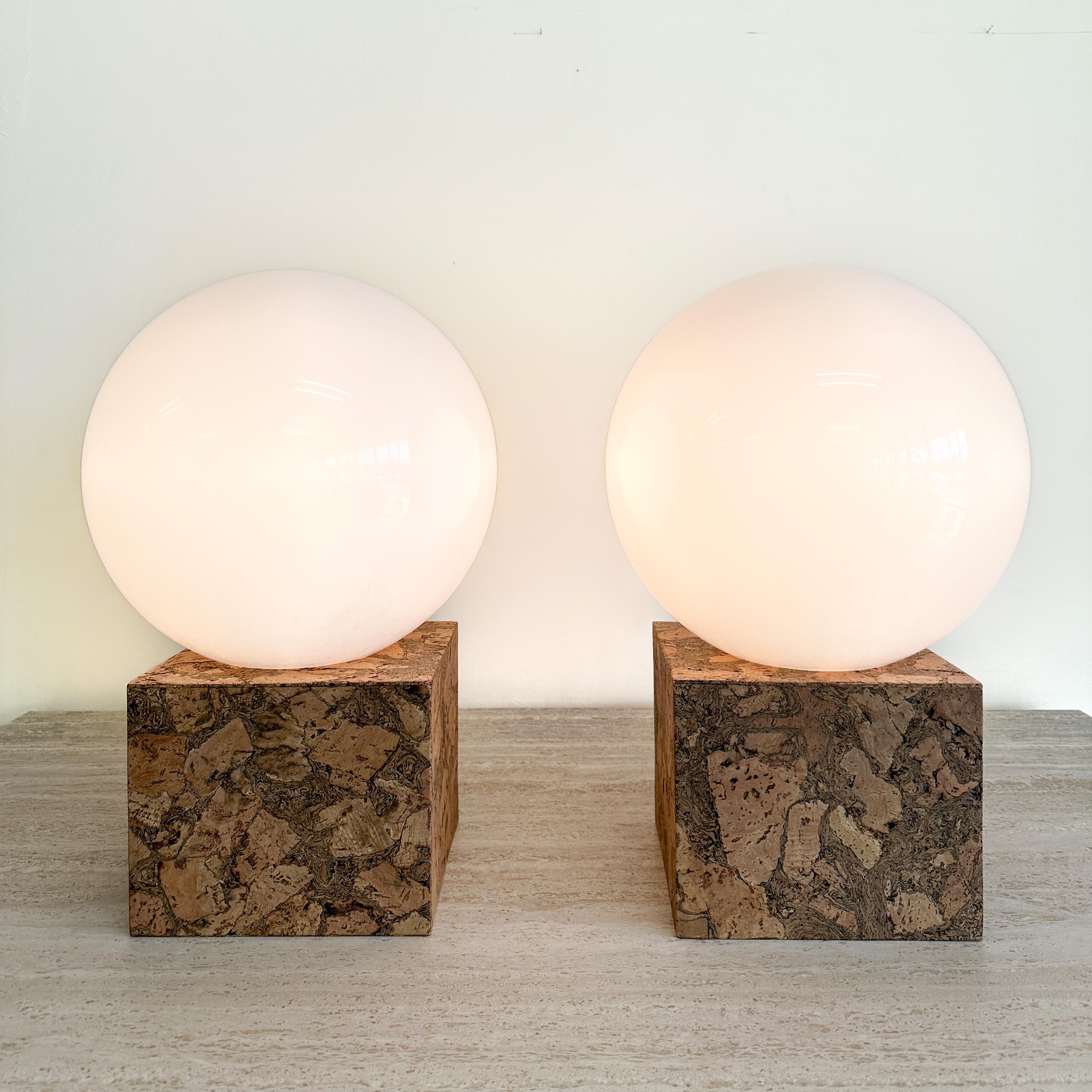 American Pair Of Vintage Inspired Cork And Acrylic Globe Lamps MCM Retro 70s 