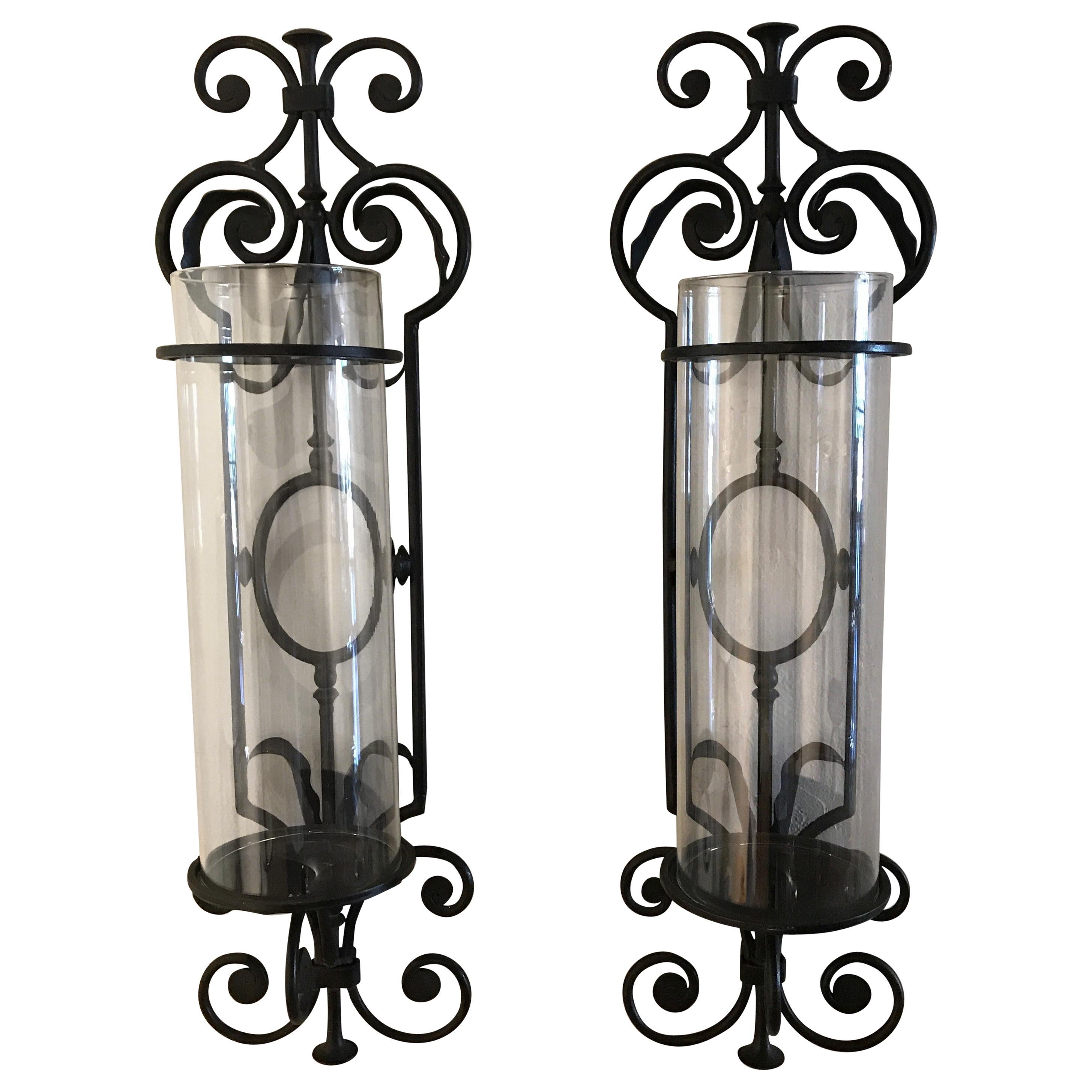 Pair of Vintage Iron and Glass Wall Mounted Hurricanes