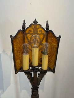 Pair of Vintage Wrought Iron Floor Lamps with Amber Mica Lantern Shades