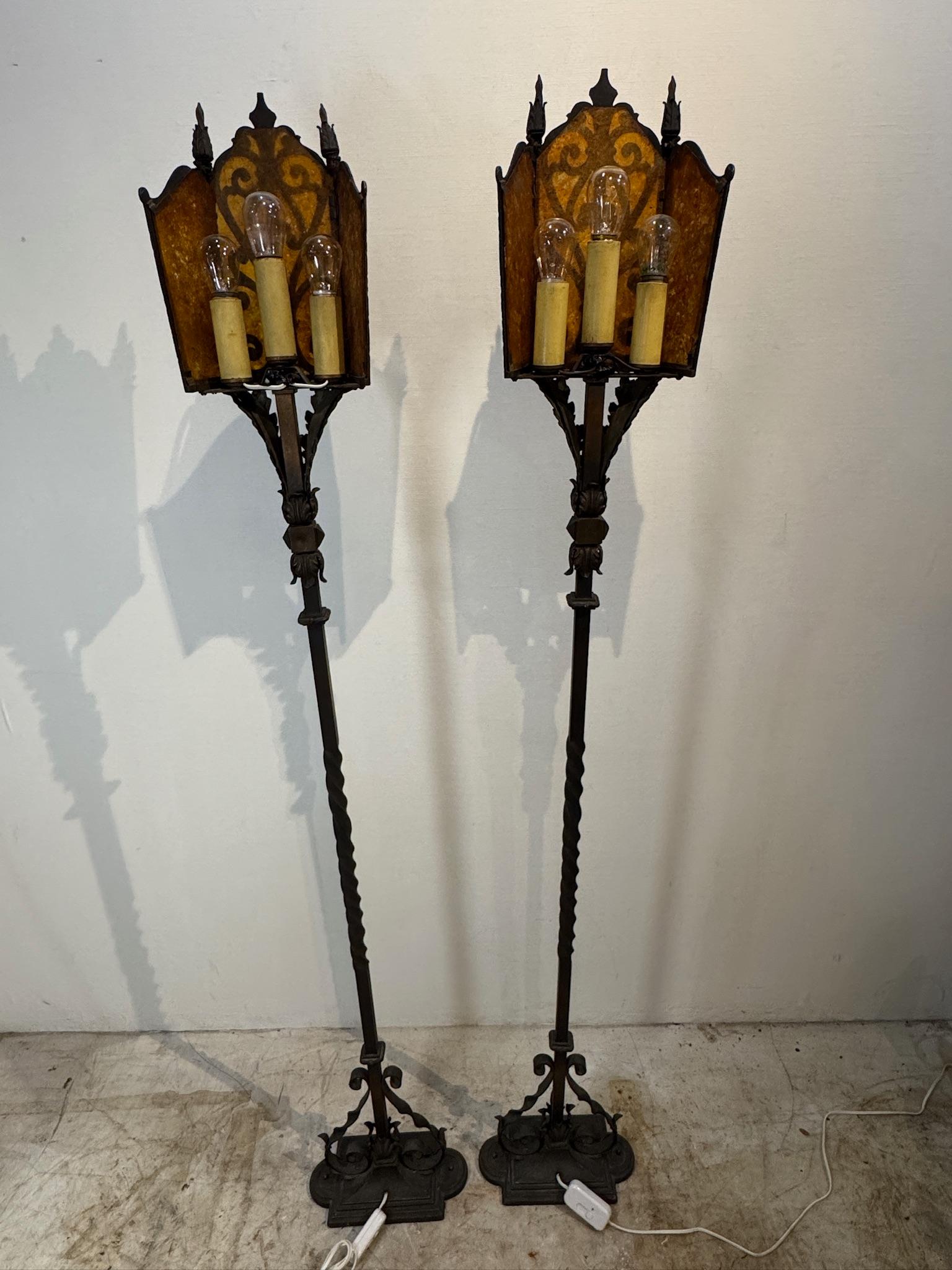Art Deco Pair of Vintage Iron Floor Lamps with Amber Mica Shades For Sale