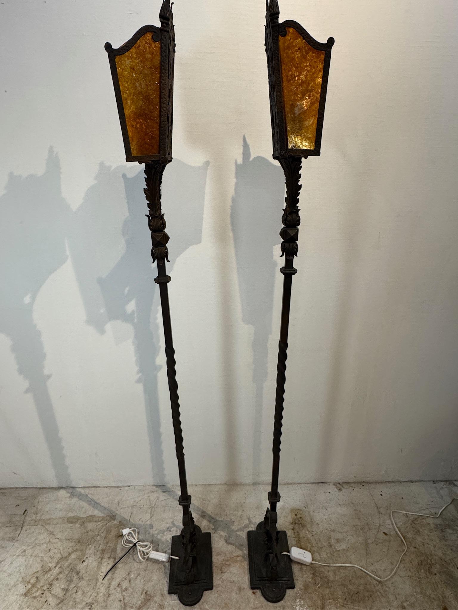European Pair of Vintage Iron Floor Lamps with Amber Mica Shades For Sale