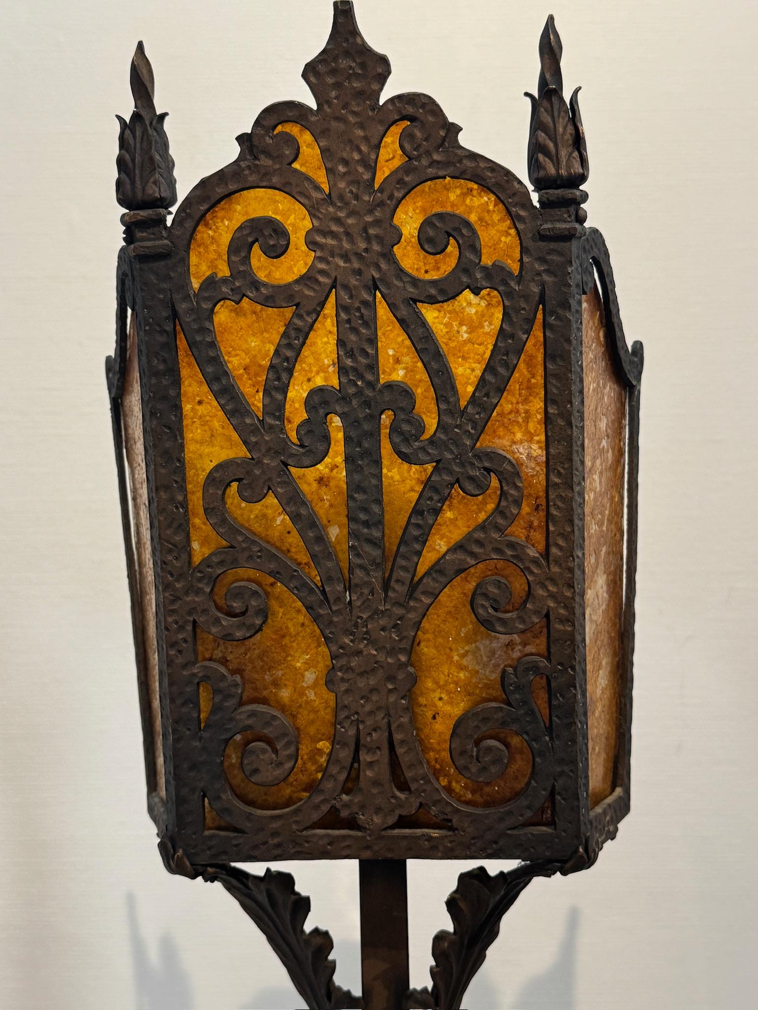 20th Century Pair of Vintage Iron Floor Lamps with Amber Mica Shades For Sale