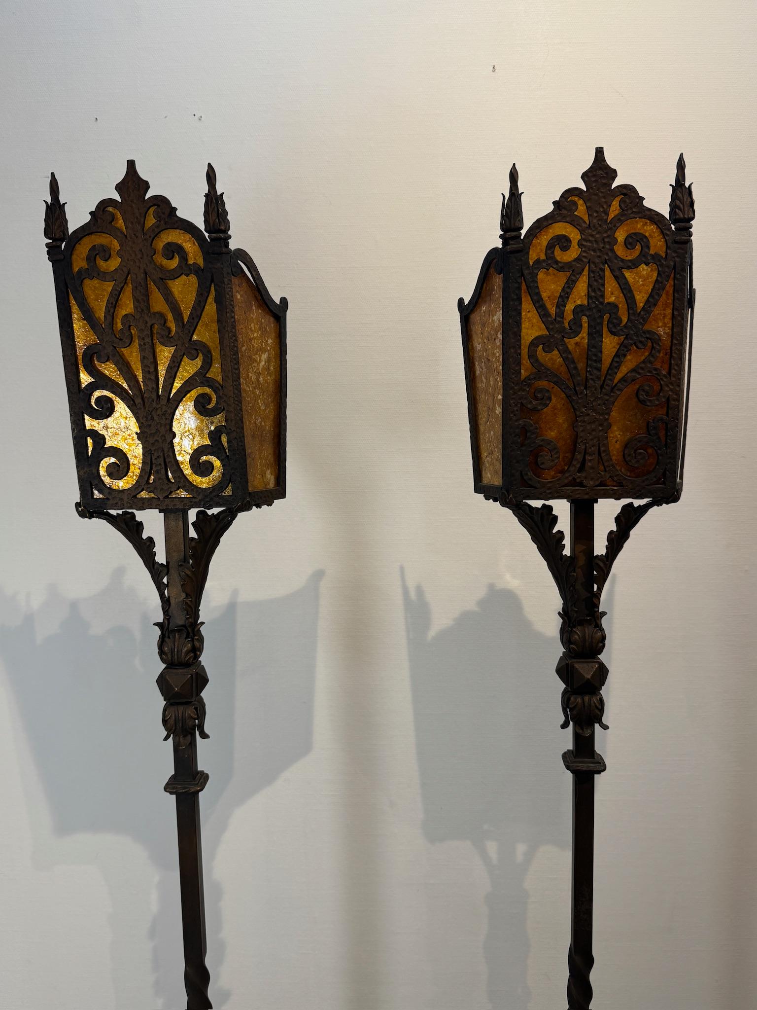Wrought Iron Pair of Vintage Iron Floor Lamps with Amber Mica Shades For Sale