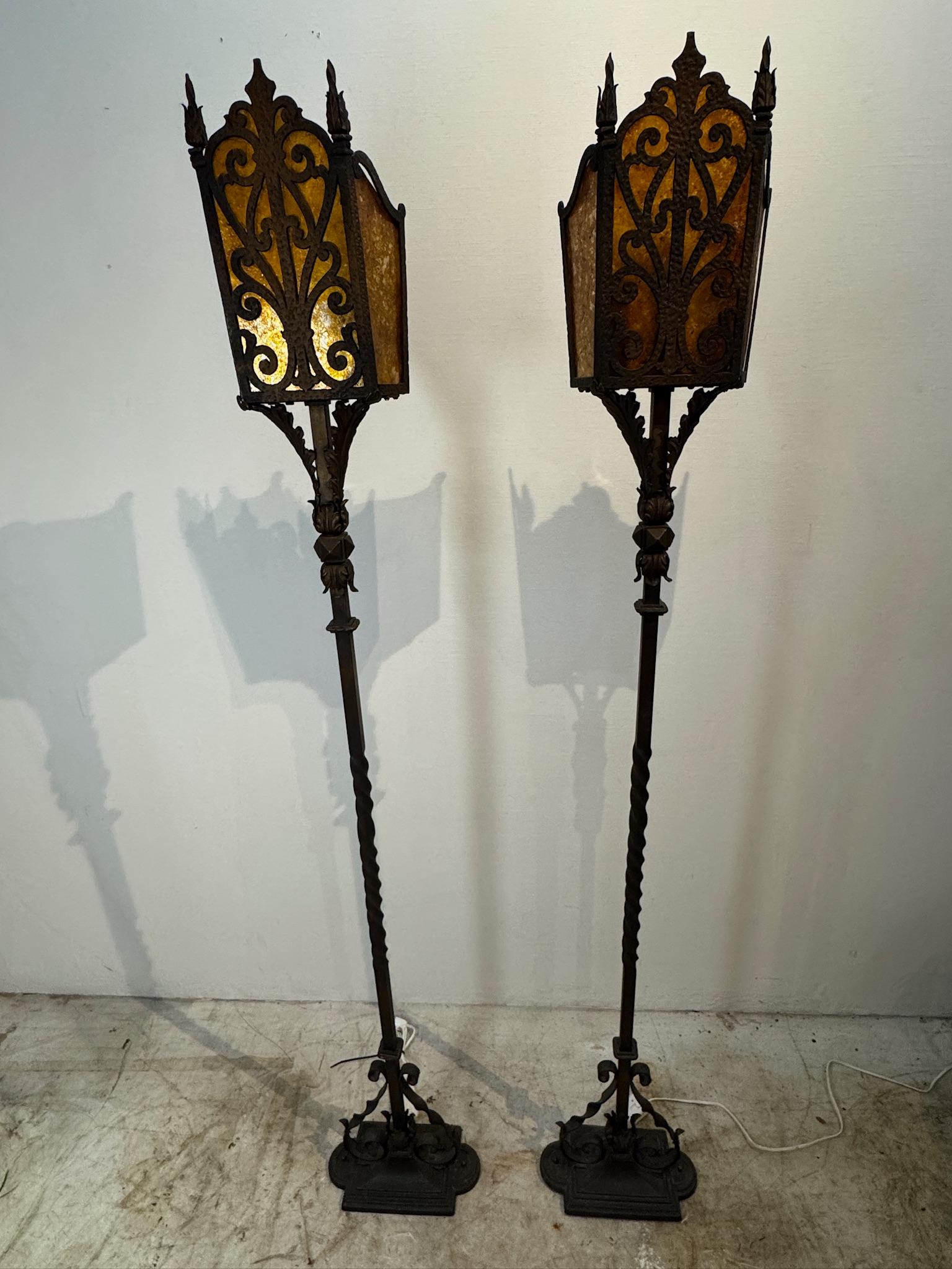 Pair of Vintage Iron Floor Lamps with Amber Mica Shades For Sale 1
