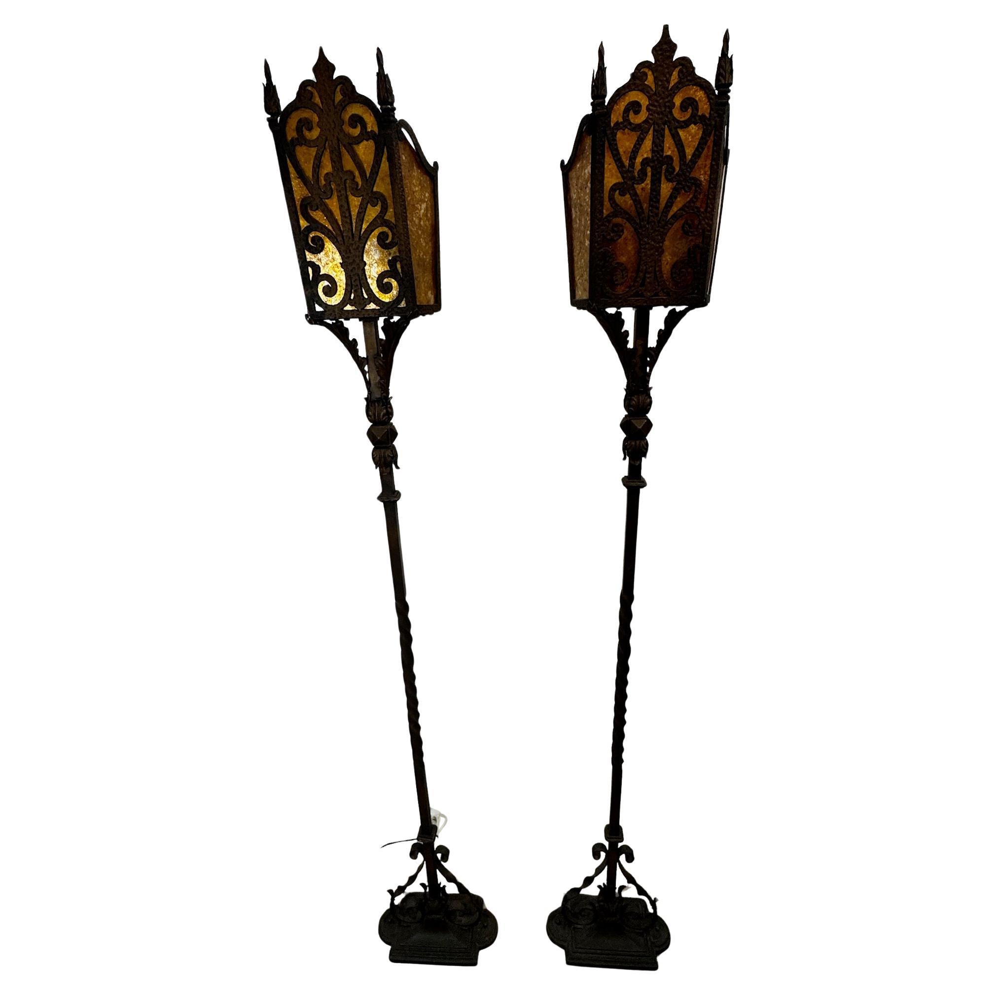 Pair of Vintage Iron Floor Lamps with Amber Mica Shades For Sale