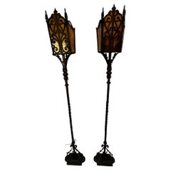 Pair of Vintage Iron Floor Lamps with Amber Mica Shades