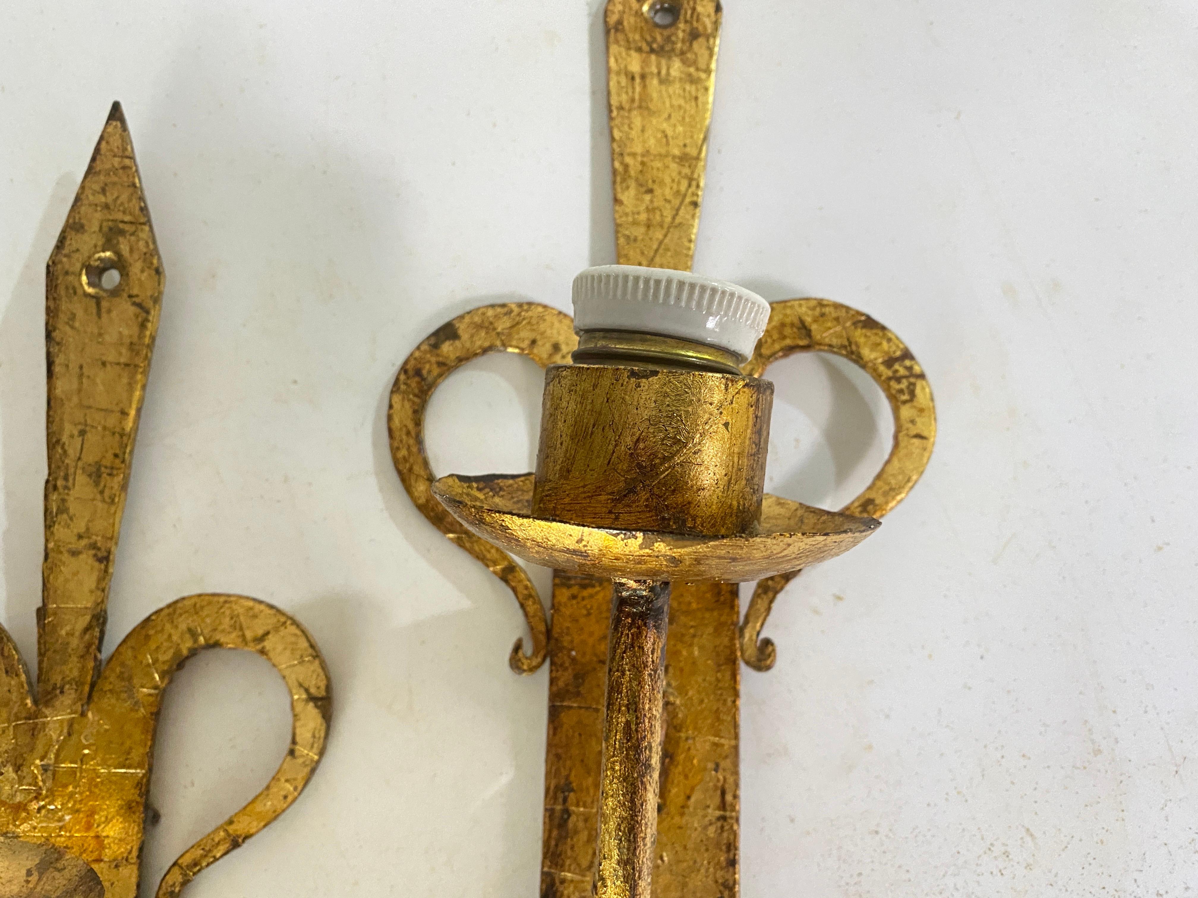 Pair of Vintage Iron French Sconces Gold Color 20th Century For Sale 1