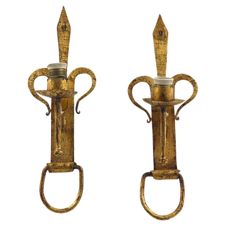 Pair of Vintage Iron French Sconces Gold Color 20th Century For Sale