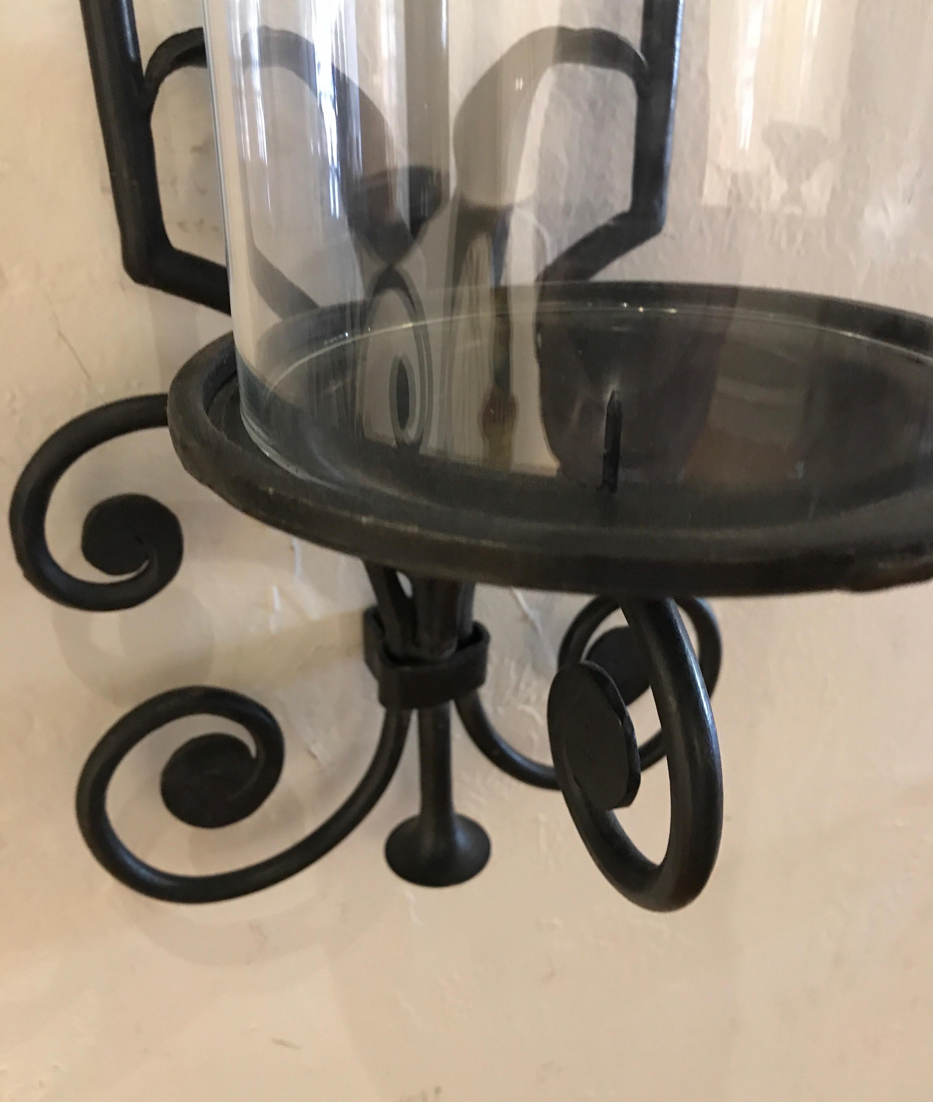 Pair of Vintage Iron and Glass Wall Mounted Hurricanes In Good Condition In West Palm Beach, FL