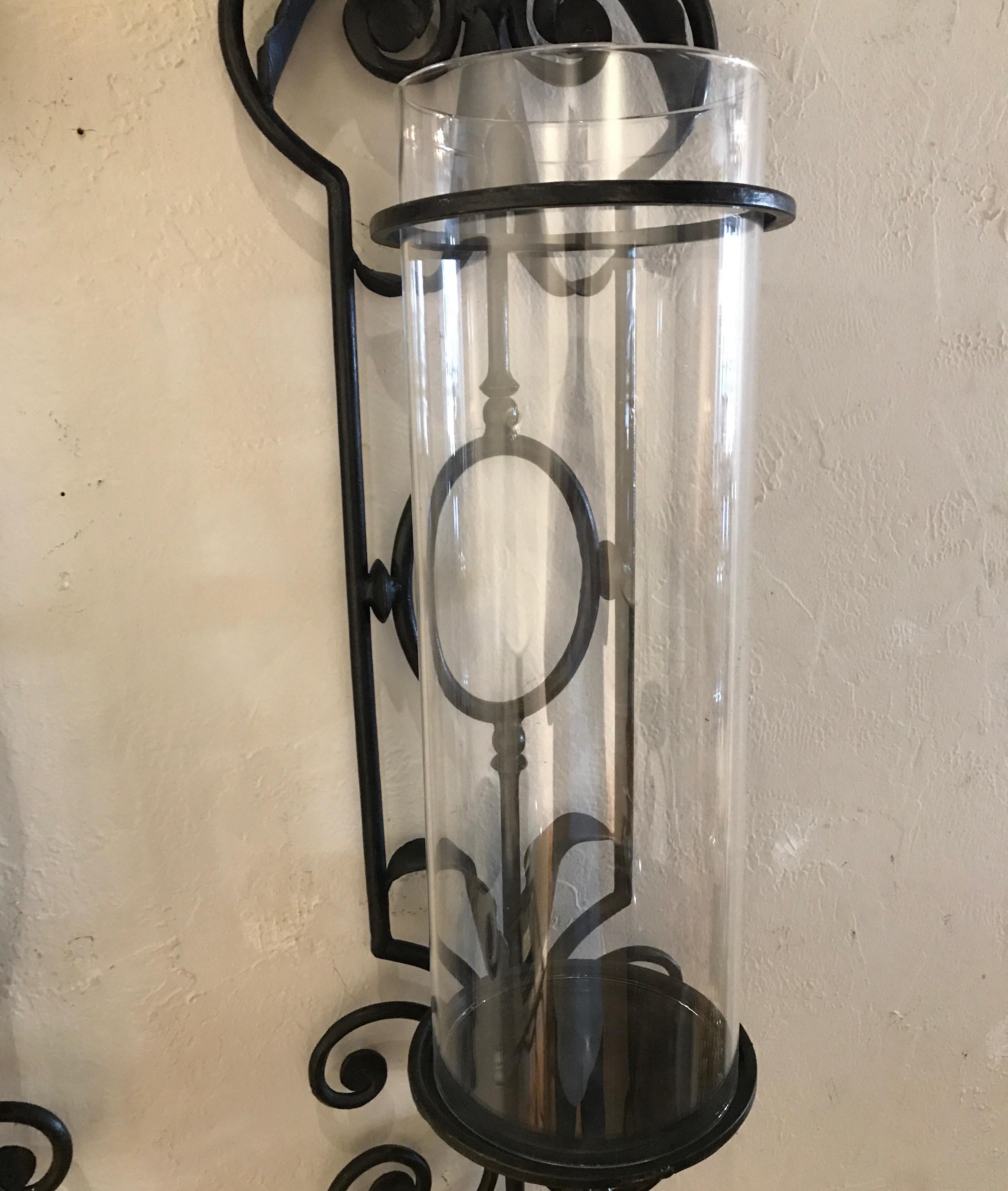 20th Century Pair of Vintage Iron and Glass Wall Mounted Hurricanes