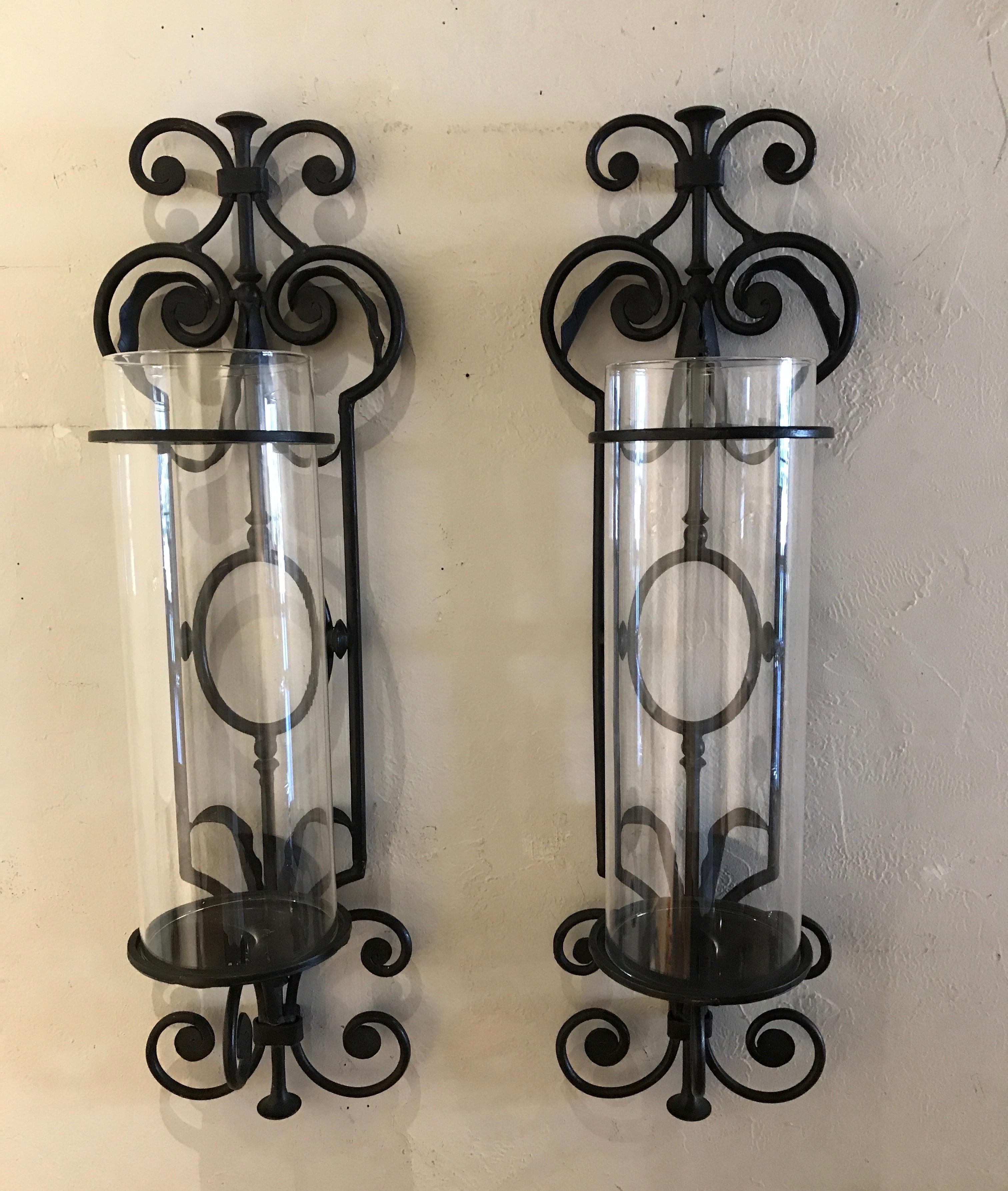 Pair of Vintage Iron and Glass Wall Mounted Hurricanes 2