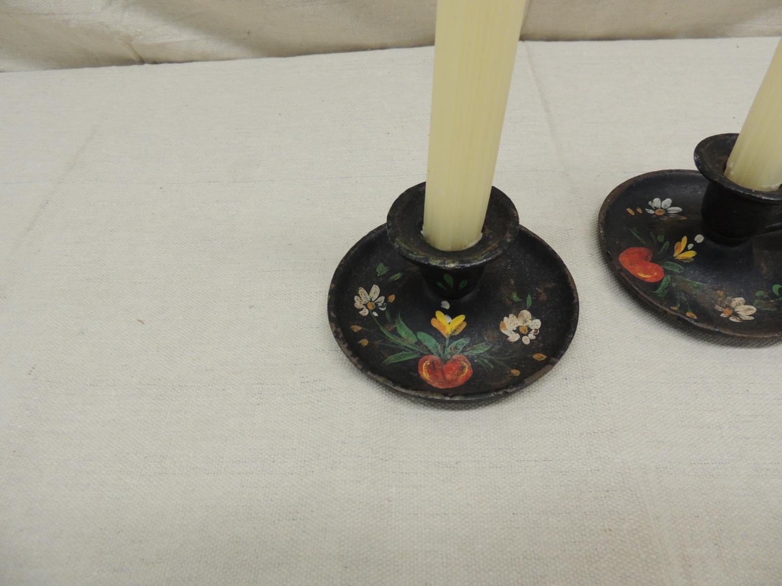 Folk Art Pair of Vintage Iron Hand Painted Candleholders