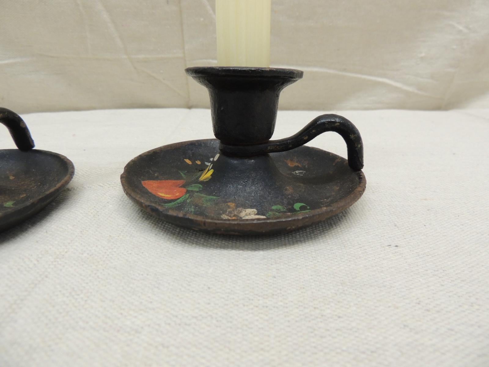 American Pair of Vintage Iron Hand Painted Candleholders