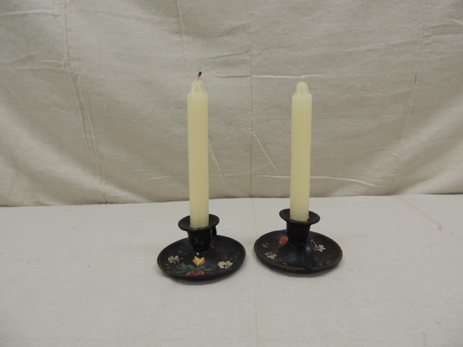 Hand-Crafted Pair of Vintage Iron Hand Painted Candleholders