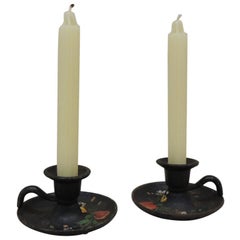Pair of Vintage Iron Hand Painted Candleholders