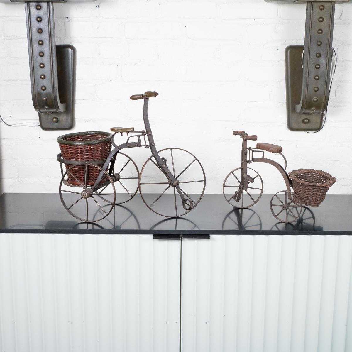 Rustic Pair of vintage iron tricycle sculptures For Sale