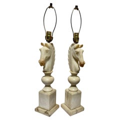 Pair of Vintage Italian Alabaster Carved Horse Head Lamps
