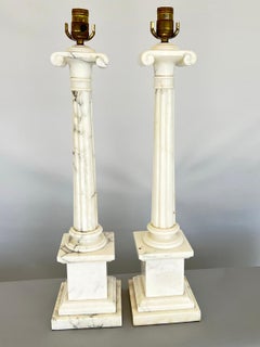 Pair of Vintage Italian Alabaster Columnar Lamps with Ionic Capitals