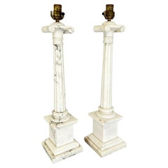 Pair of Retro Italian Alabaster Columnar Lamps with Ionic Capitals