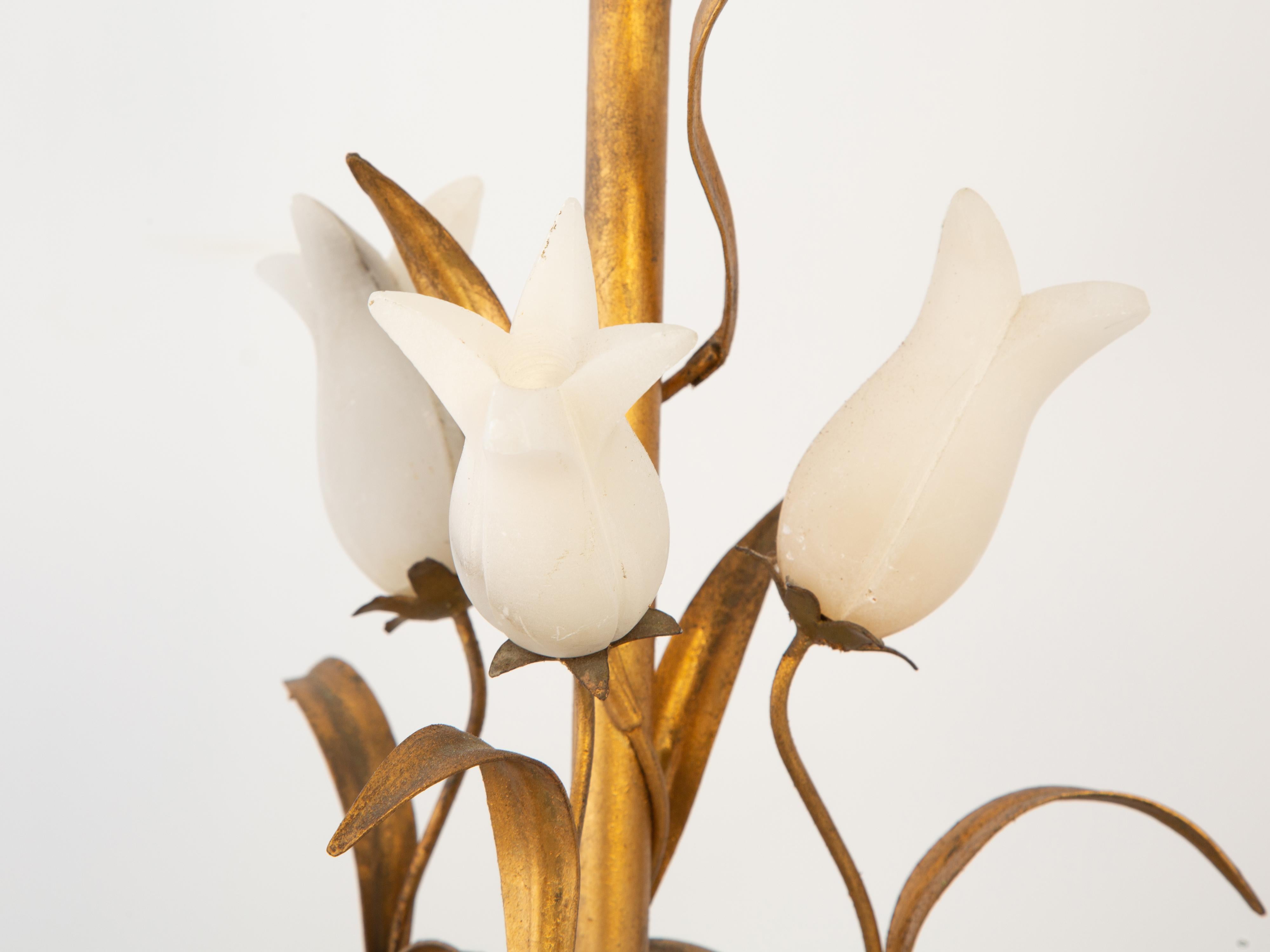 Doré Paire de lampes de table tulipes en albâtre vintage italien en vente