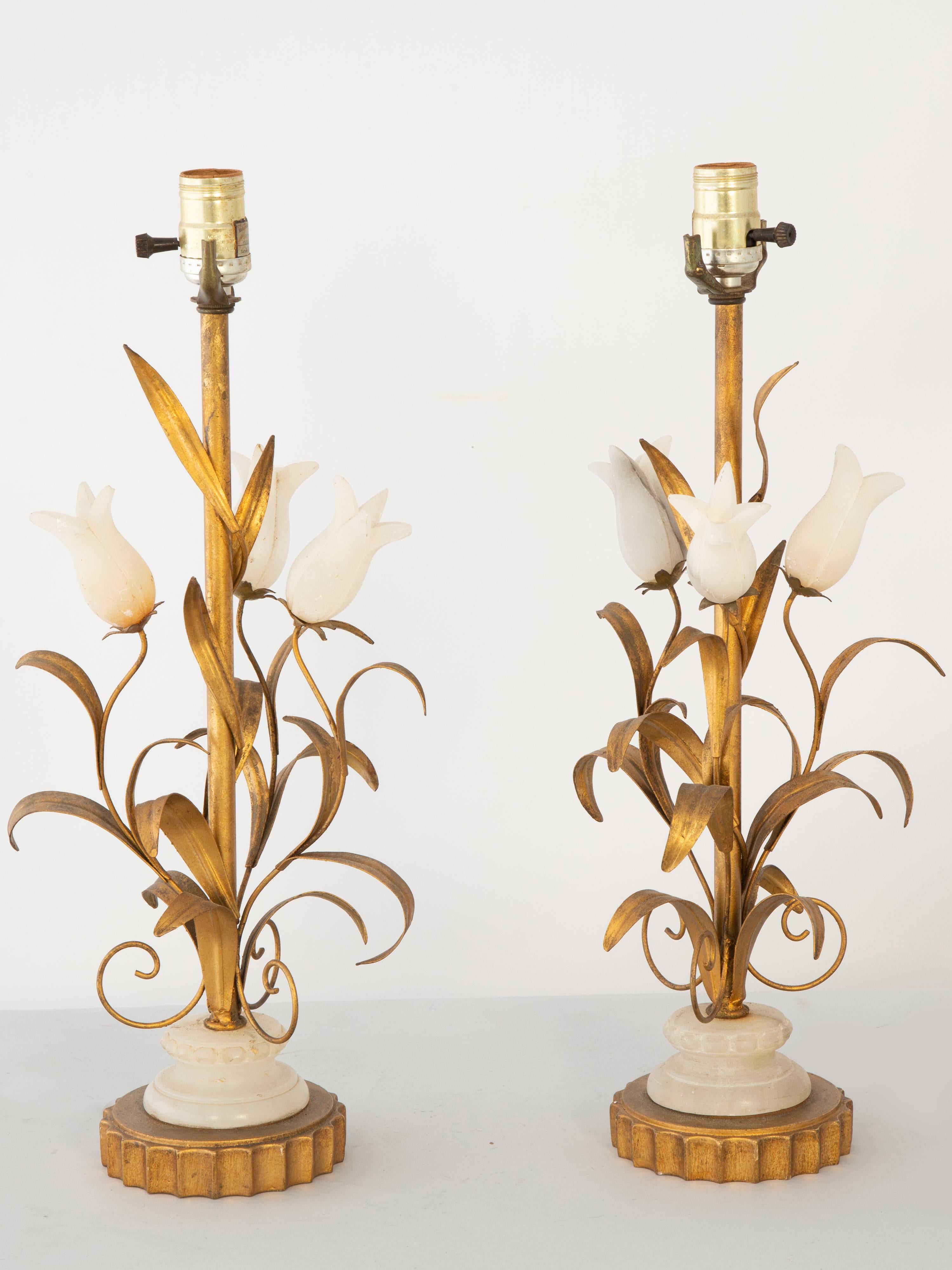 Paire de lampes de table tulipes en albâtre vintage italien en vente 2