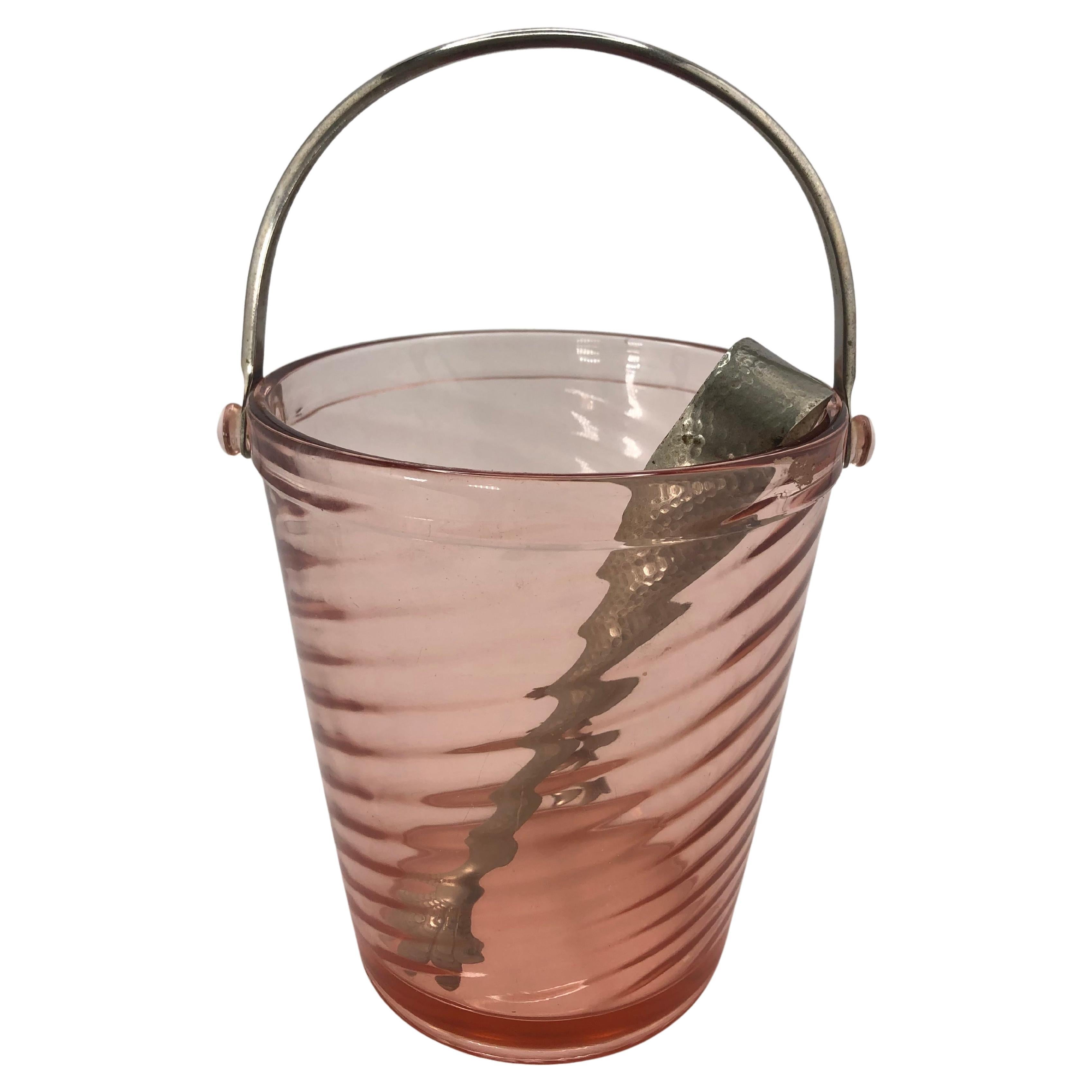 Art Deco Pink Glass Ice Bucket with Tongs For Sale
