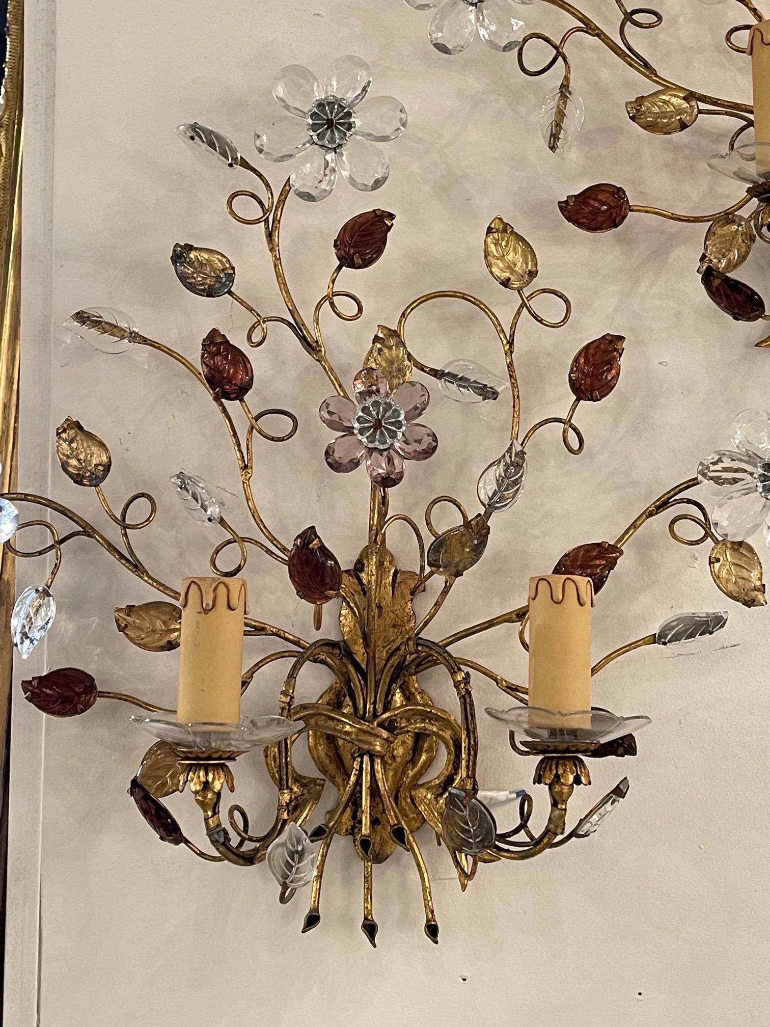 Very fine pair of vintage Italian gilt metal sconces. These have beautiful crystal flowers with leaves in clear and purple. So pretty!!