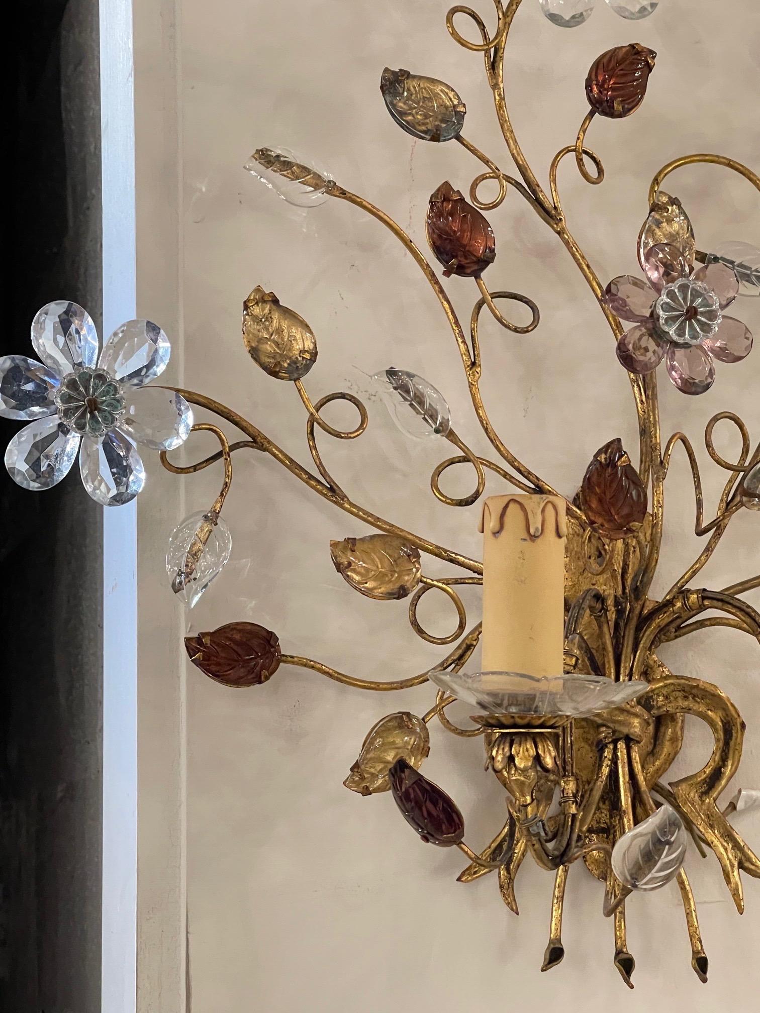 Pair of Vintage Italian and Gilt Metal and Crystal Flower and Leaf Sconces 2